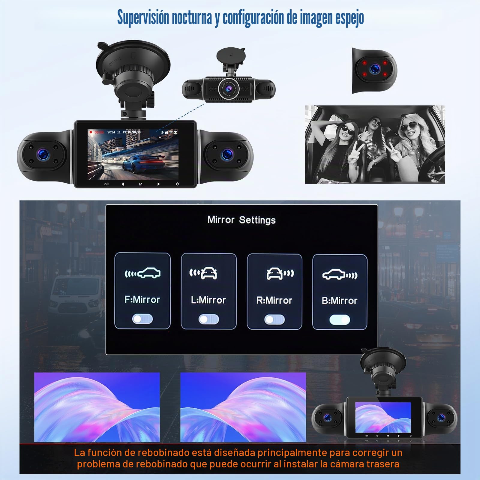 CAMECHO Dashcam Coche Delantera Trasera con 4 Cámaras FHD 1080P Gran Angular, Pantalla IPS de 3 Pulgadas 360° Dash-CAM con WiFi App Visión Nocturna G-Sensor 24H +Reverse Line