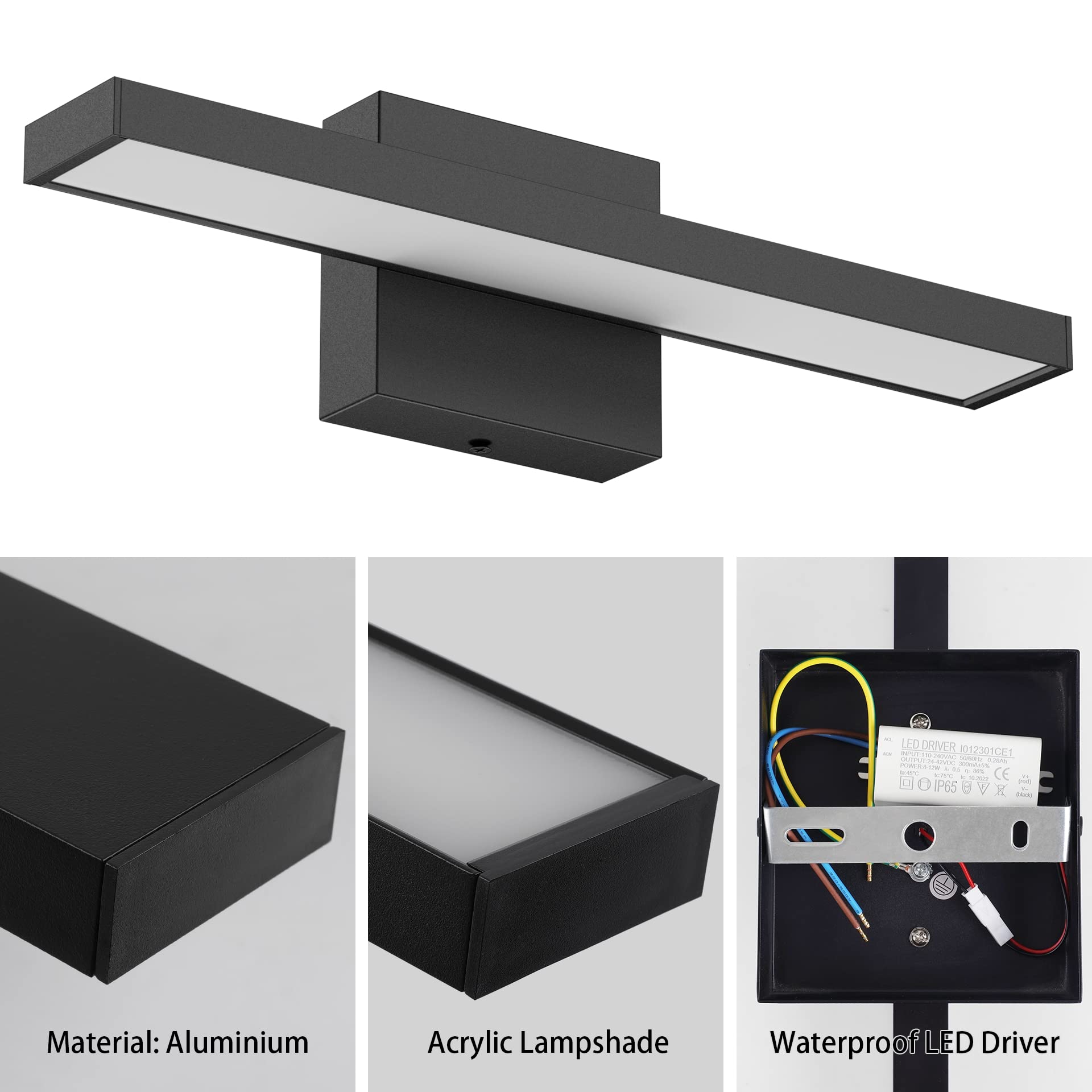 Laittiin Led-spiegellamp voor badkamer, 60 cm, badkamer, spiegellamp, 8 W, lichtkast, 4000 K, IP44, neutraal wit, verlichting voor badkamerkast (chroom