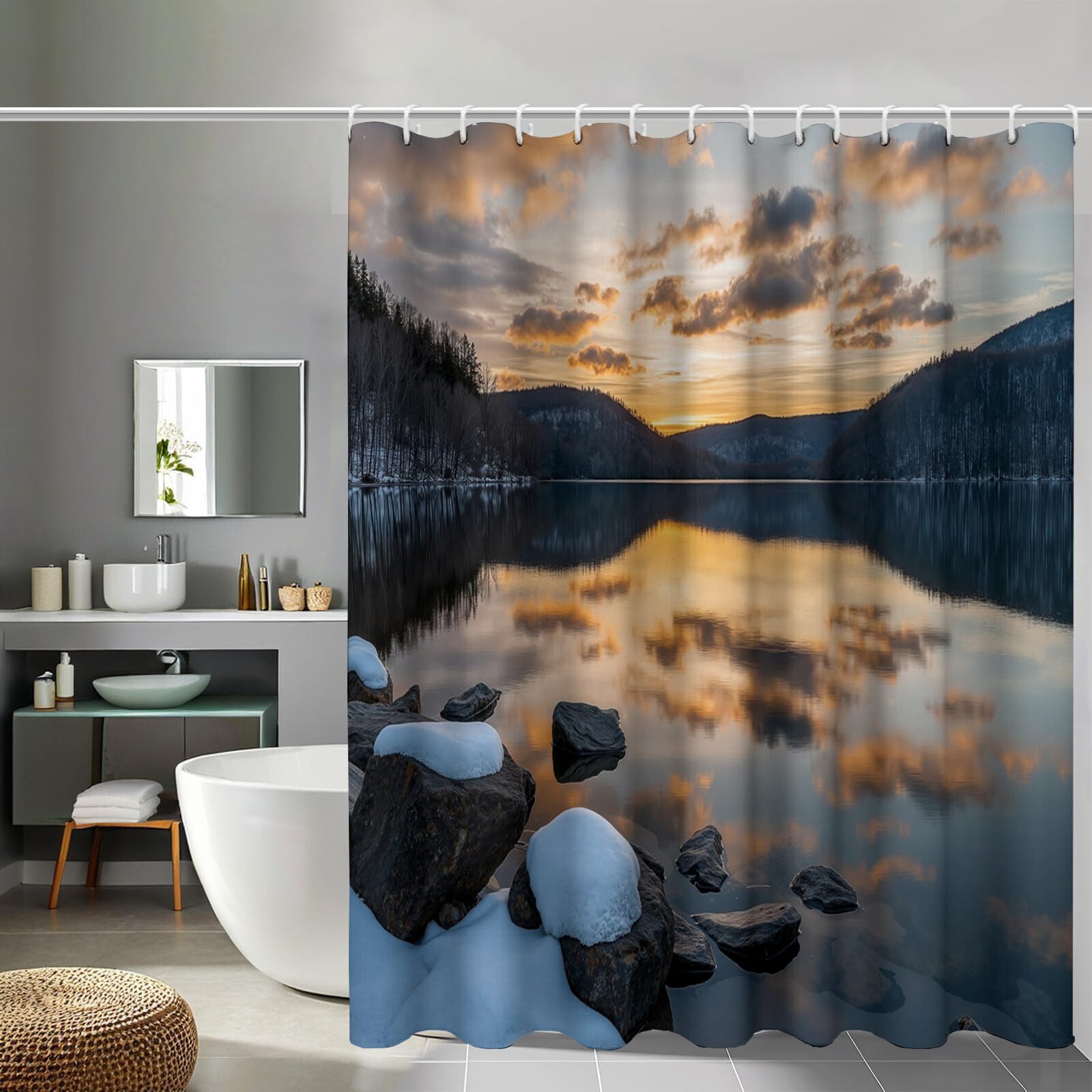 Rideau Douche,Rideau Baignoire Lavable en Machine Rideaux Douche Tissus Lavable Rideau De Baignoire Lavable pour Salle De Bain Domicile Baignoire Famille,Lac Sunset,
