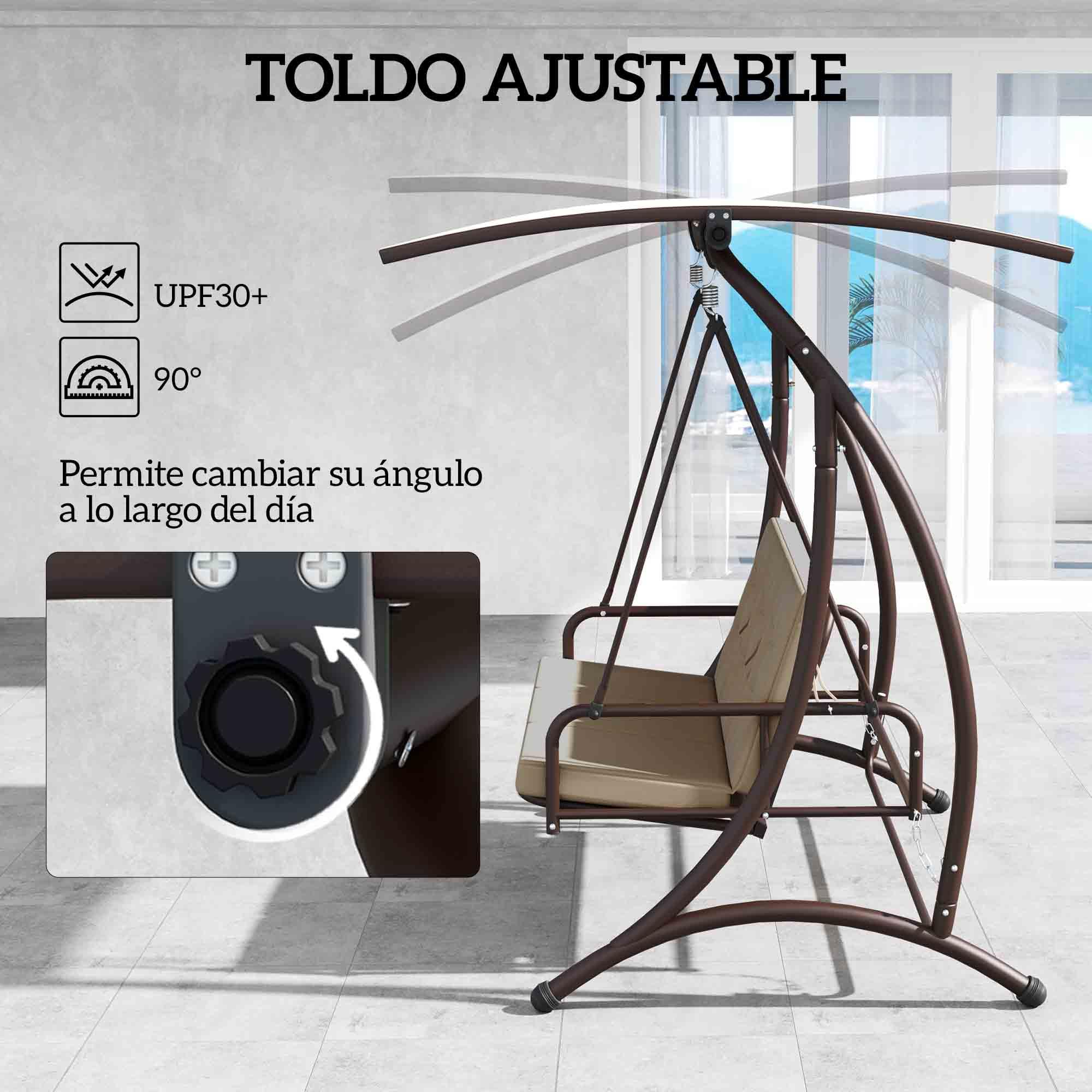 Outsunny Columpio de Jardín Exterior de 3 Plazas Balancín de Jardín Exterior Convertible en Cama con Toldo Ajustable Protección UPF30+ y Cojines Carga 330 kg 200x120x175 cm Caqui