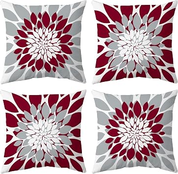 Pack of 4 Outdoor Waterproof Pillow Covers 16x16 Decorative Outdoor Throw Pillows Garden Square Cushion Cases for Patio Furniture, Couch, Tent Sunbrella, Bench, Burgundy Red Grey