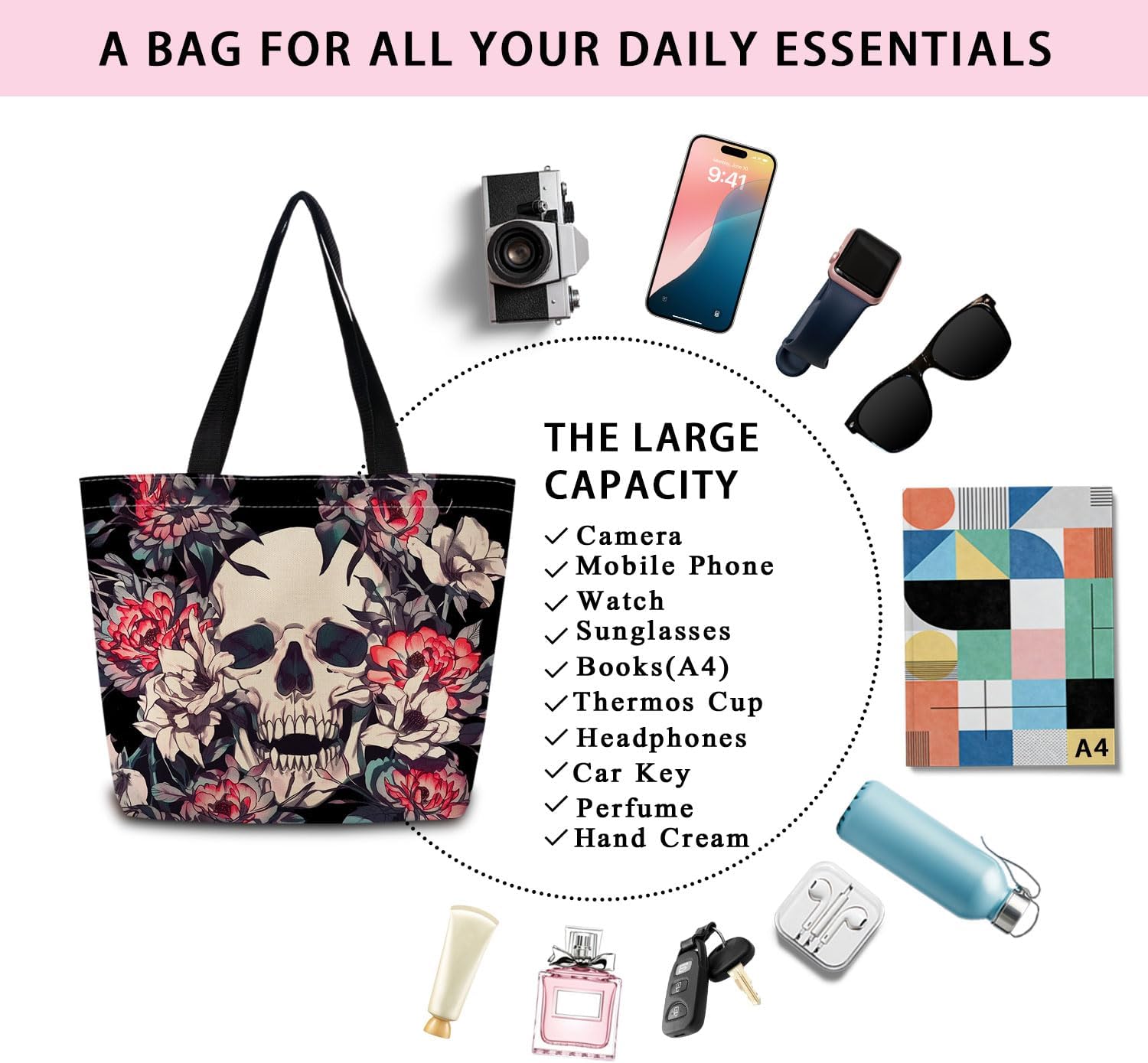 Floral Skull Tote Bag Reusable Grocery Bags Cute Aesthetic Shopping Shoulder Handbag with Interior Zipper Pocket Lightweight & Washable Stylish Floral Skull Present for Women - Image 7