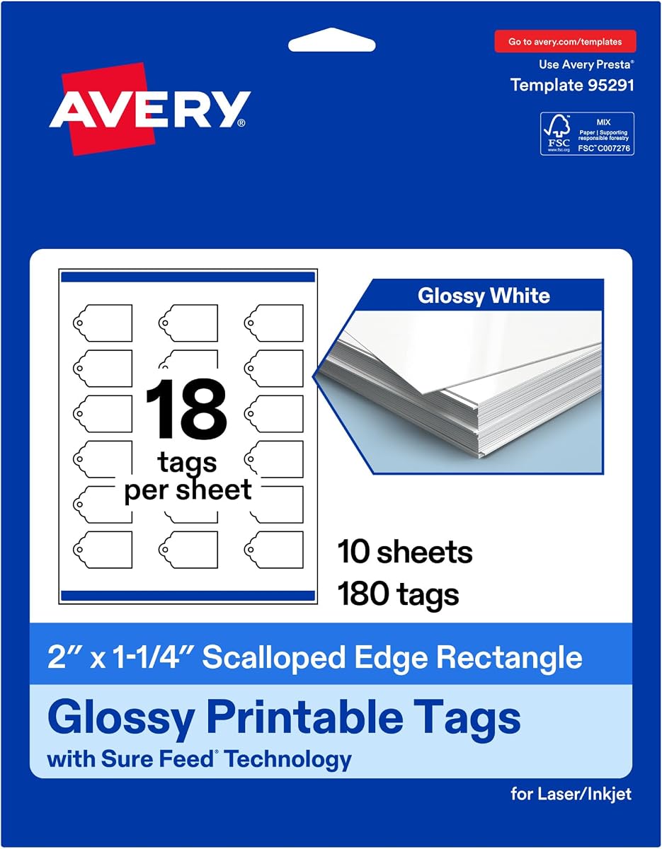 Avery® Printable Rectangle Scalloped Tags, Sure Feed® Technology, 2" x 1-1/4", Glossy White Cardstock, Print-To-The-Edge, Laser/Inkjet Printable, 180 Total, Great for Custom Gift or Branding Tags