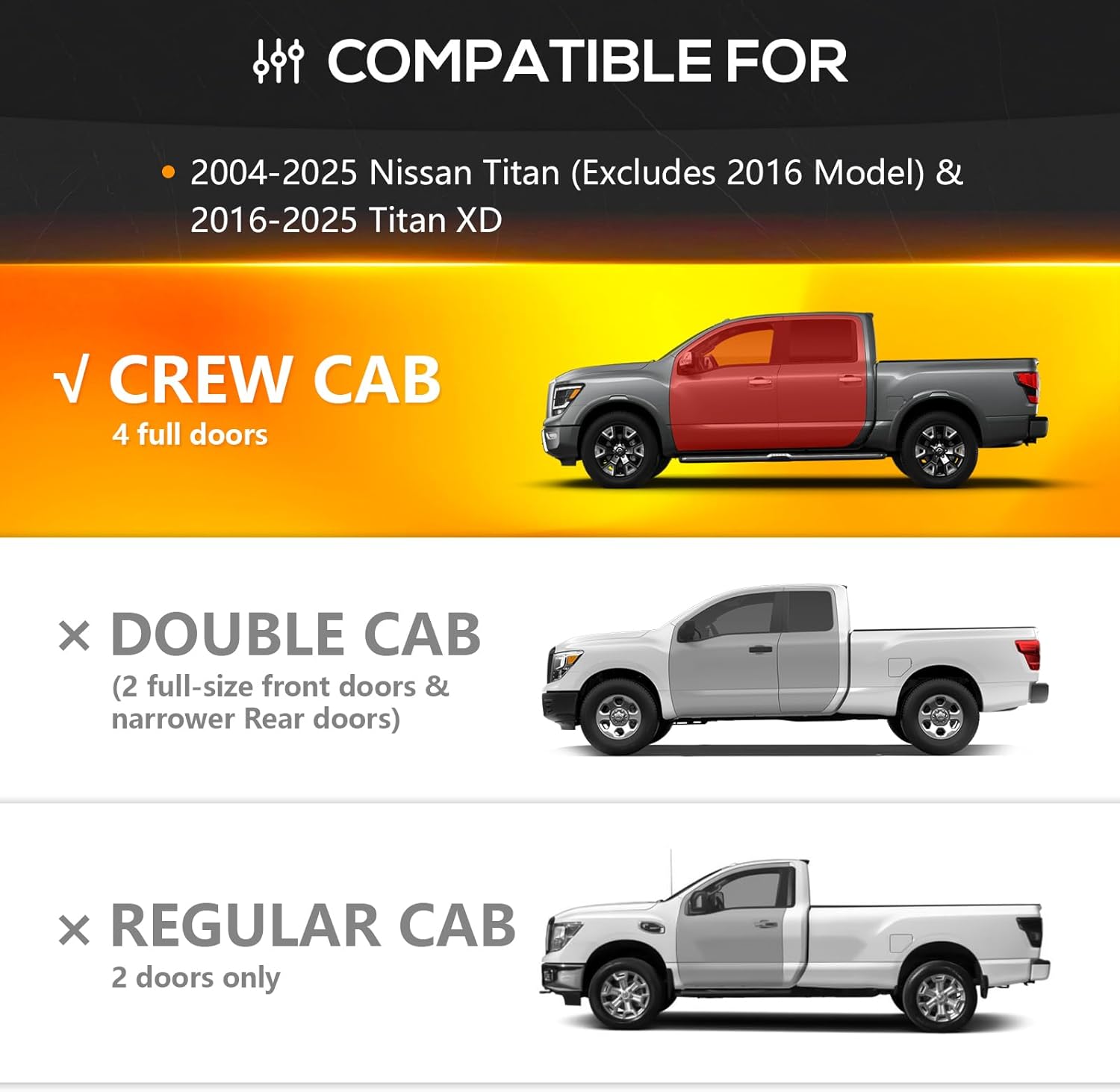 CrewCab Running Boards Side Steps Compatible with 2004-2025 Nissan Titan (Not Included 2016 Model) & Nissan Titan XD 2016-2025 Model Crew Cab, Two Stairs Design Bolt-on Nerf Bar Side Rails Step