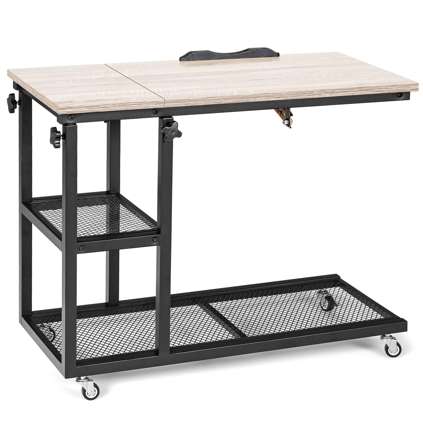 Multigot Rolling Sofa End Table, Height Adjustable Mobile Laptop Desk with Wheels, 2 Tier Storage Rack and Tilting Top, C-Shaped Coffee Tea Side Table for Bedroom Living Room (Natural)