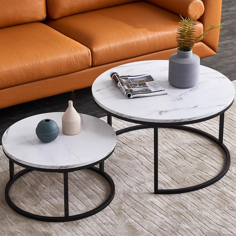 Sumkea 32” Coffee Nesting Set of 2 Round Modern Table with Marble Top for Small Space and Living Room, Black