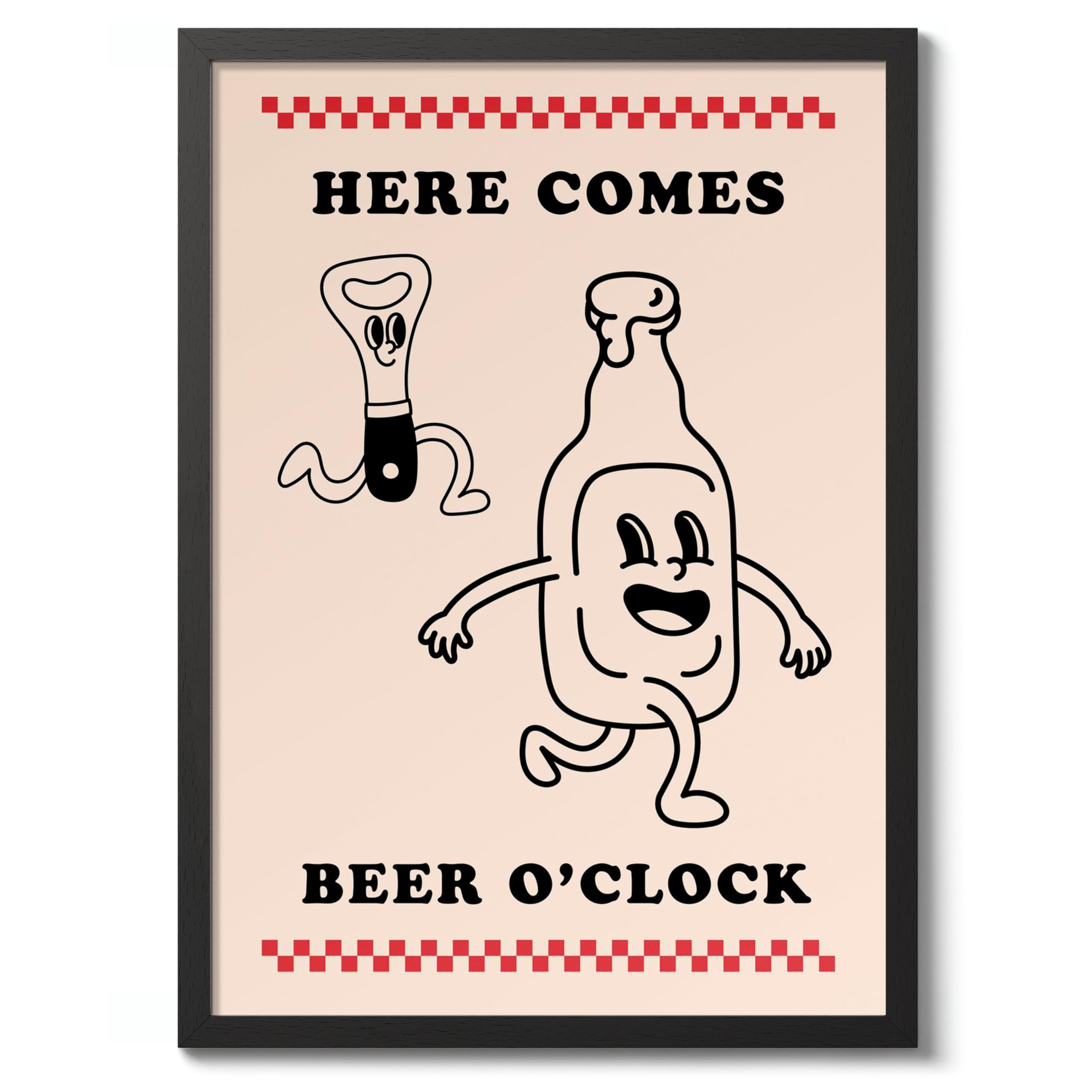 Beer O'Clock Kitchen Wall Art, Modern Food Poster, Cartoon Mascot Prints, Kitchen Typographic Home Decor, A2 (Black Frame) - 62.5x45.1cm