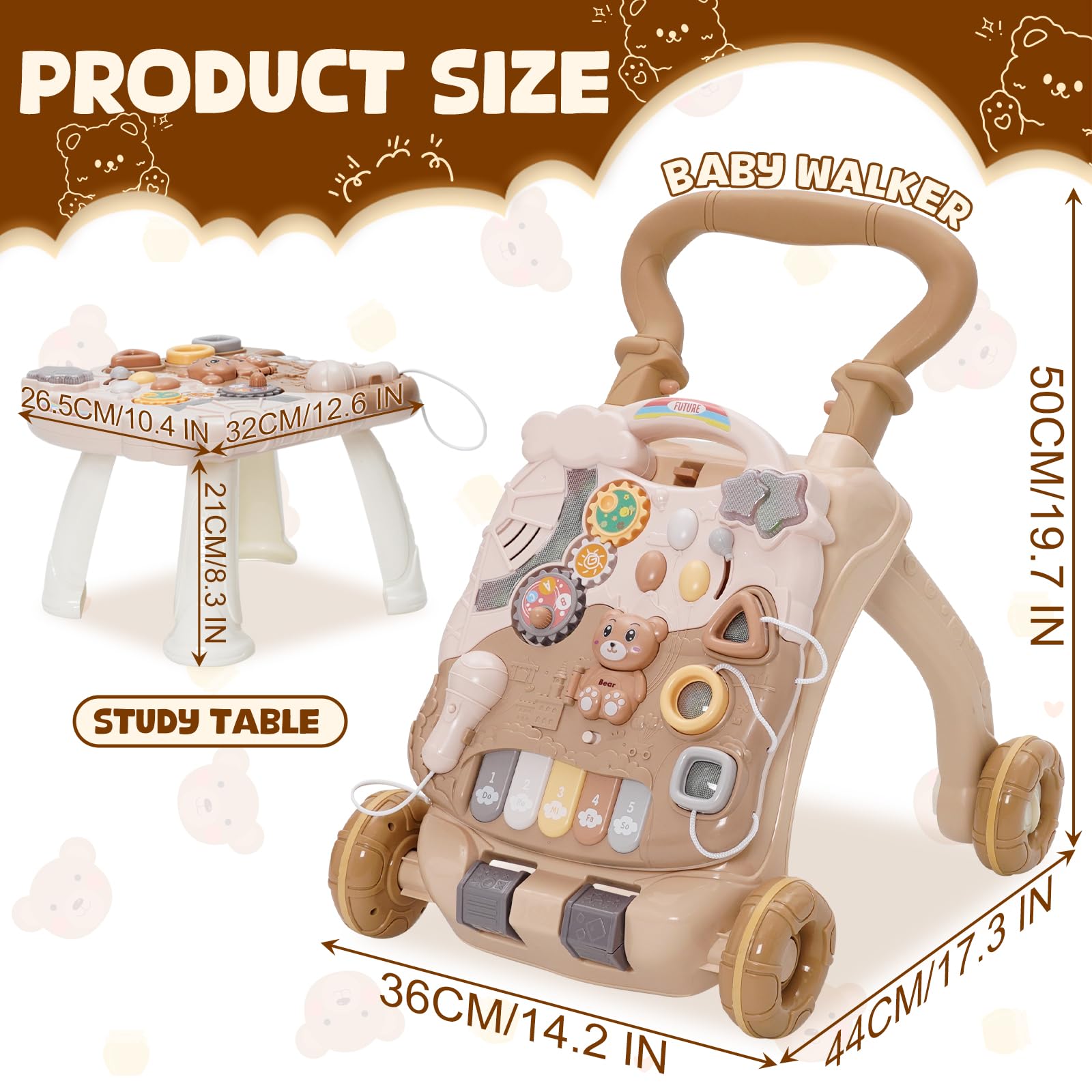 Trotteur Bebe Enfants,Jouet 3 En 1 Pousser pour Bébé avec Musique,Trotteur Marche Détachable avec Vitesse Réglable et Table Activité d'éveil,Chariot de Marche pour Bebe 12+ Mois Garçon et Fille