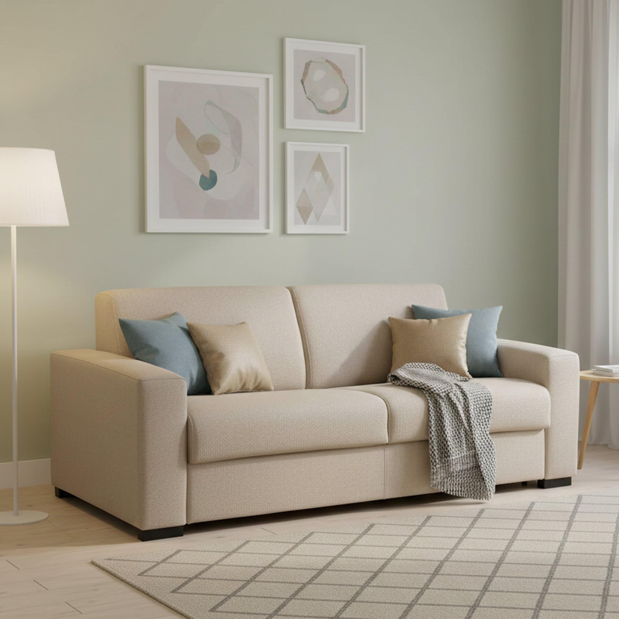 Dmora Divano Letto 2 posti Alena, Sofà Soggiorno con Apertura Girevole, Tessuto Imbottito, Braccioli Slim, 100% Made in Italy, Cm 160x95h90, Beige