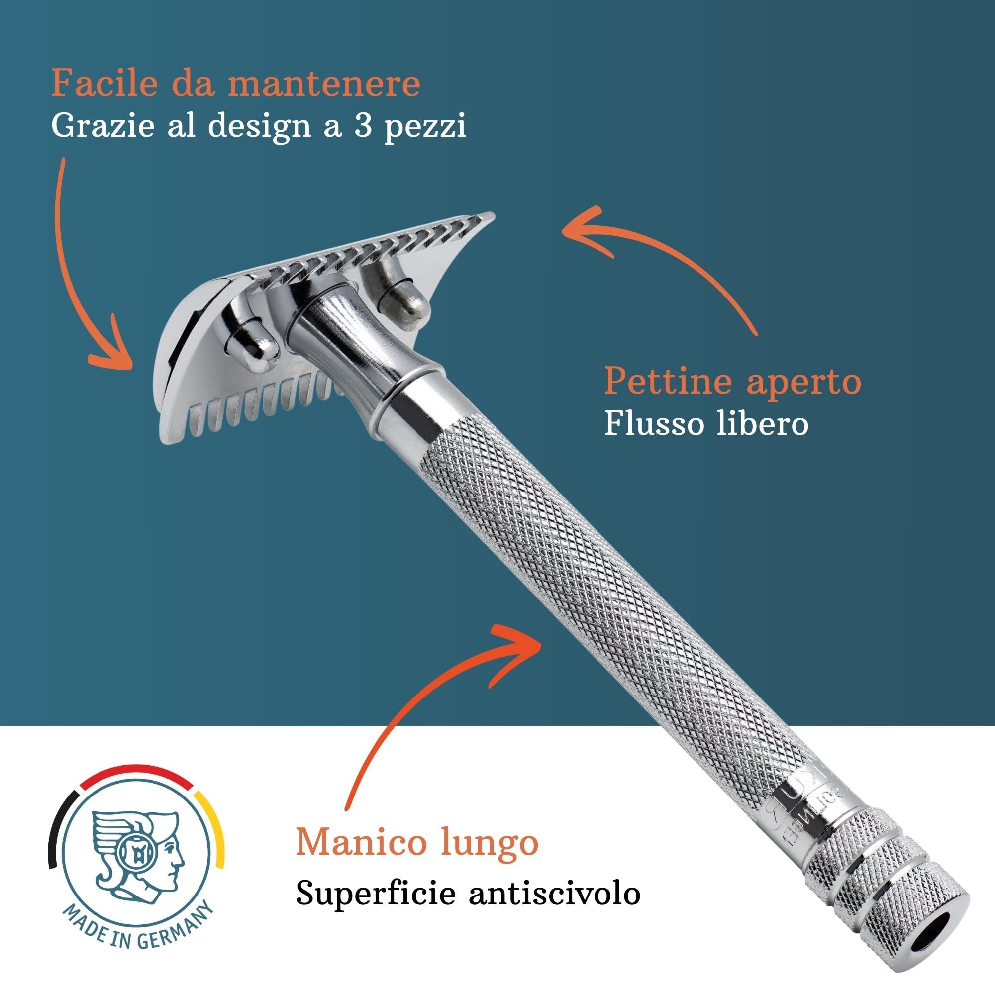 MERKUR Rasoio 25C | classico con pettine dentato cromato lucido | rasoio a tre pezzi con taglio dritto | pettine aperto | ideale per rasatura a umido | zinco pressofuso | manico in ottone | Made in