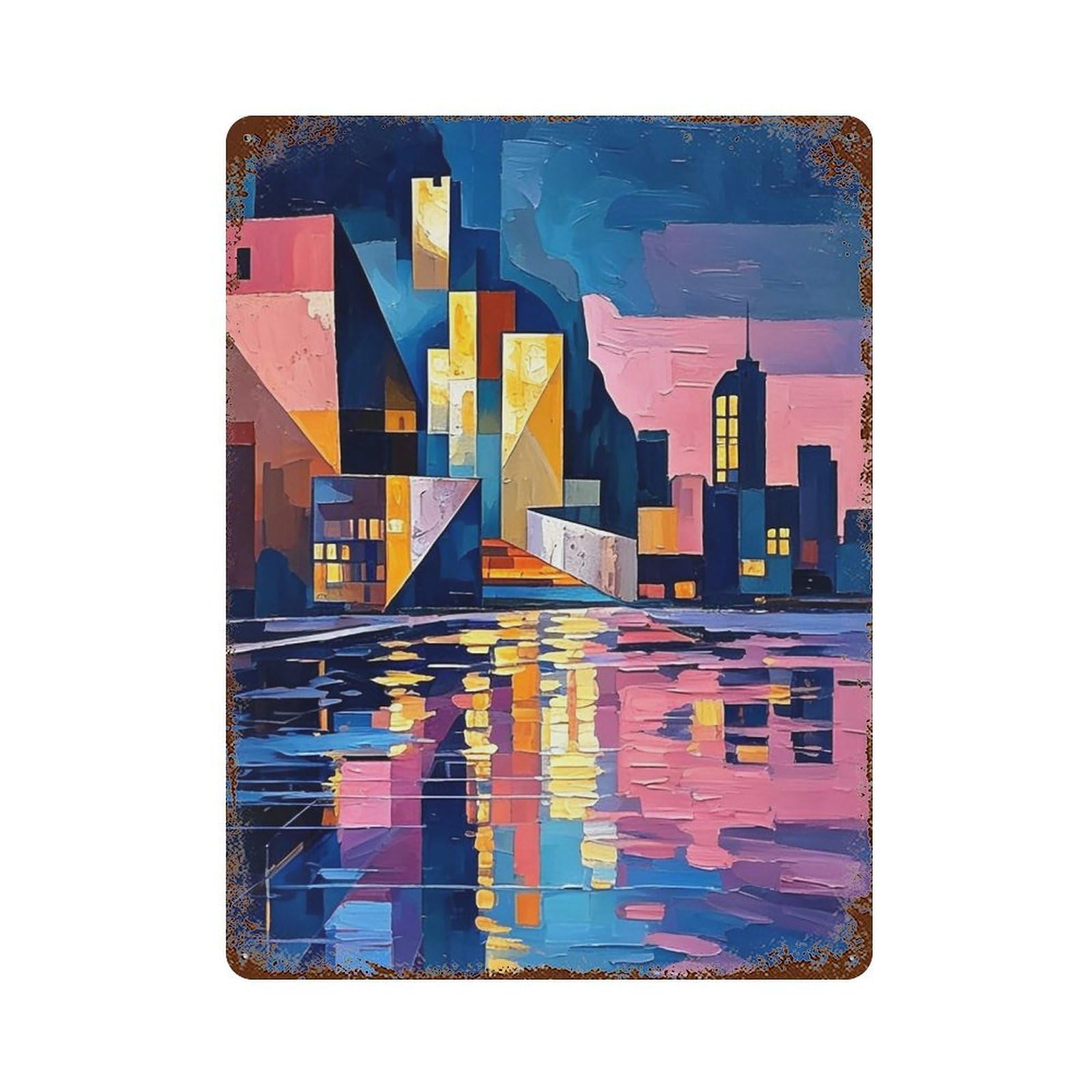 MGHTGRWE Cubist Waterfront Metropolis (2) Poster Wall Art Iron Vintage Metal Tin Sign Modern Home Cofffee Club Art Bar Shop Decor 40x30cm