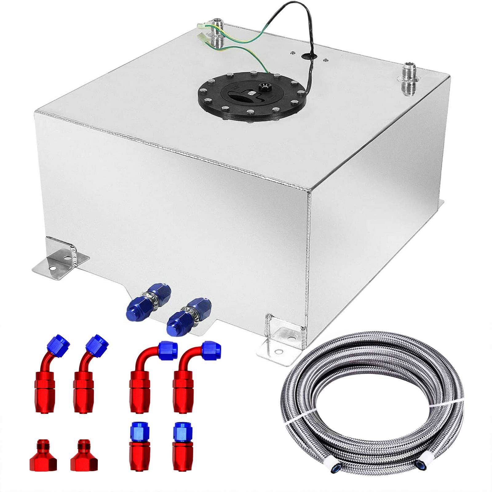 BOMLING 15 Gallon Fuel Cell 60L Universal Gas Tank with Level Sender & 6AN 12FT Fuel Line Kit,Aluminum Polished Racing Street Drift Strip Fuel Tank with Quick Release Fuel Cap,Silver