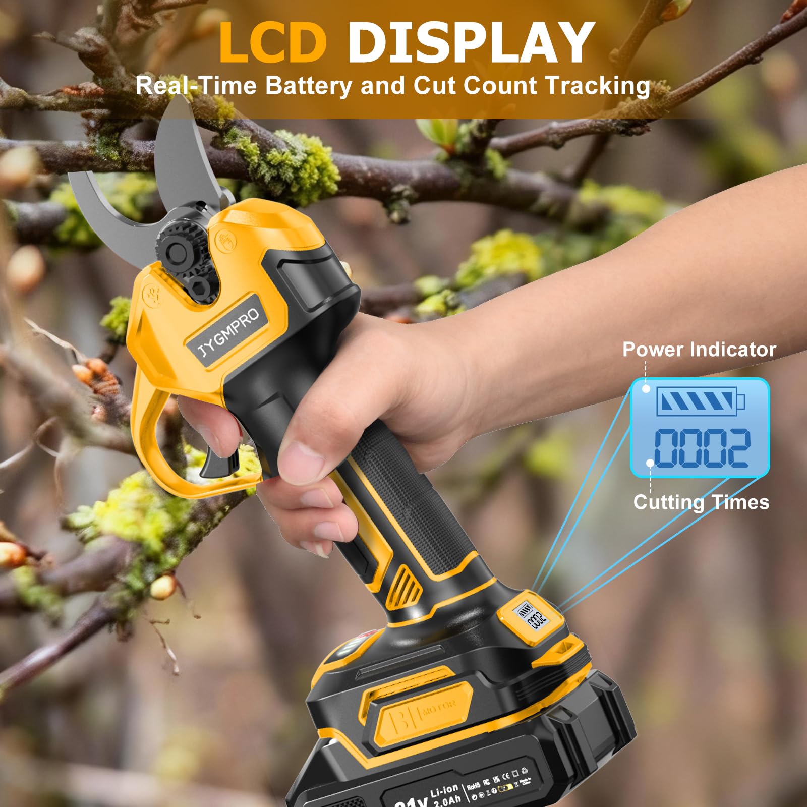 Tijeras de Podar Electricas - 21V Podadoras Profesionales con 2x 2000mAh Baterías, Motor Sin Escobillas de 600W, 30mm, Con Pantalla Lcd, Adecuado Para Huertos, Jardines y Granjas