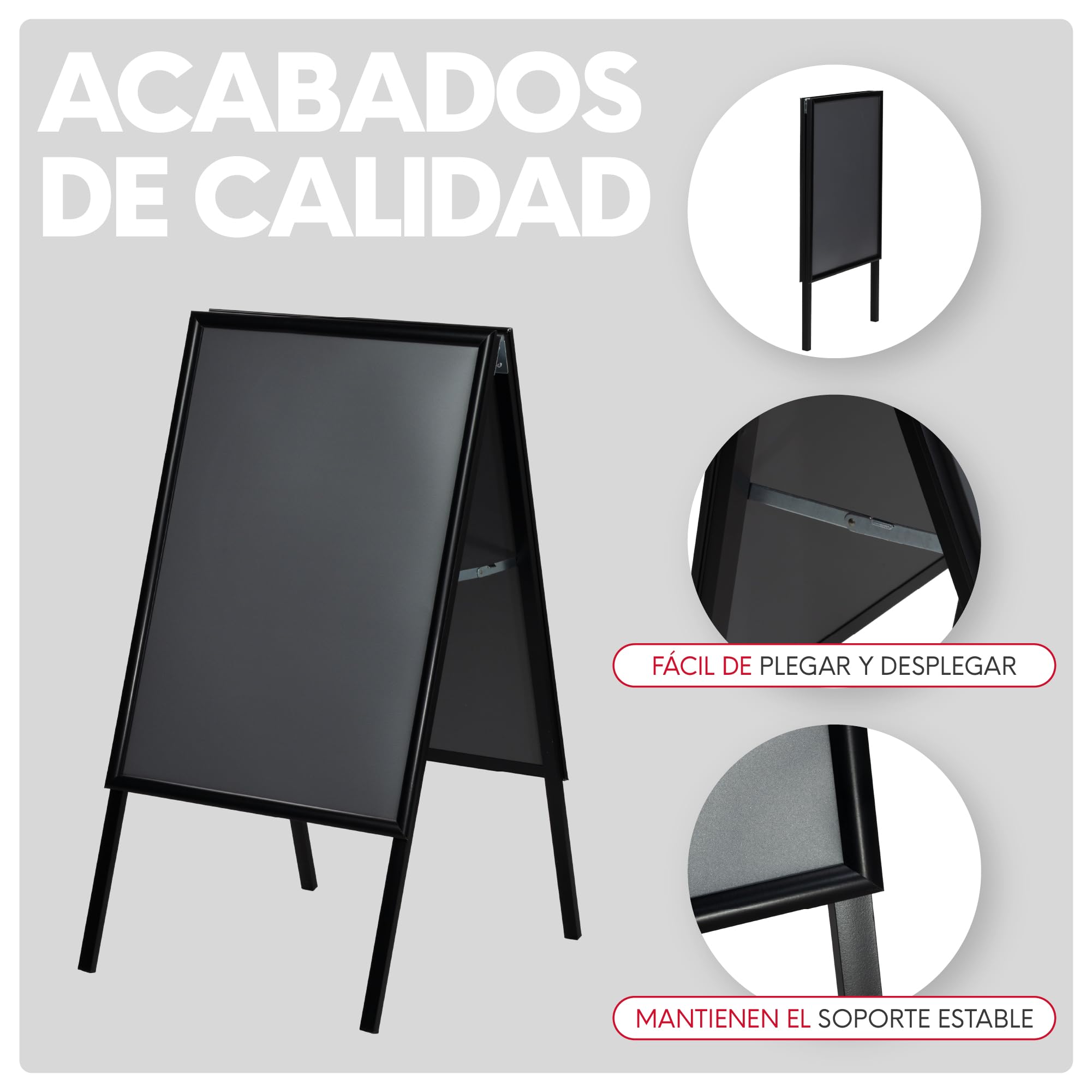 Caballete Aluminio Interior Osby Doble Cara Basic con Marco Click, Plegable, Ligero y Resistente, para Cartelería, Señalización y Promociones con Protector Antideslumbrante (Negro, A1)