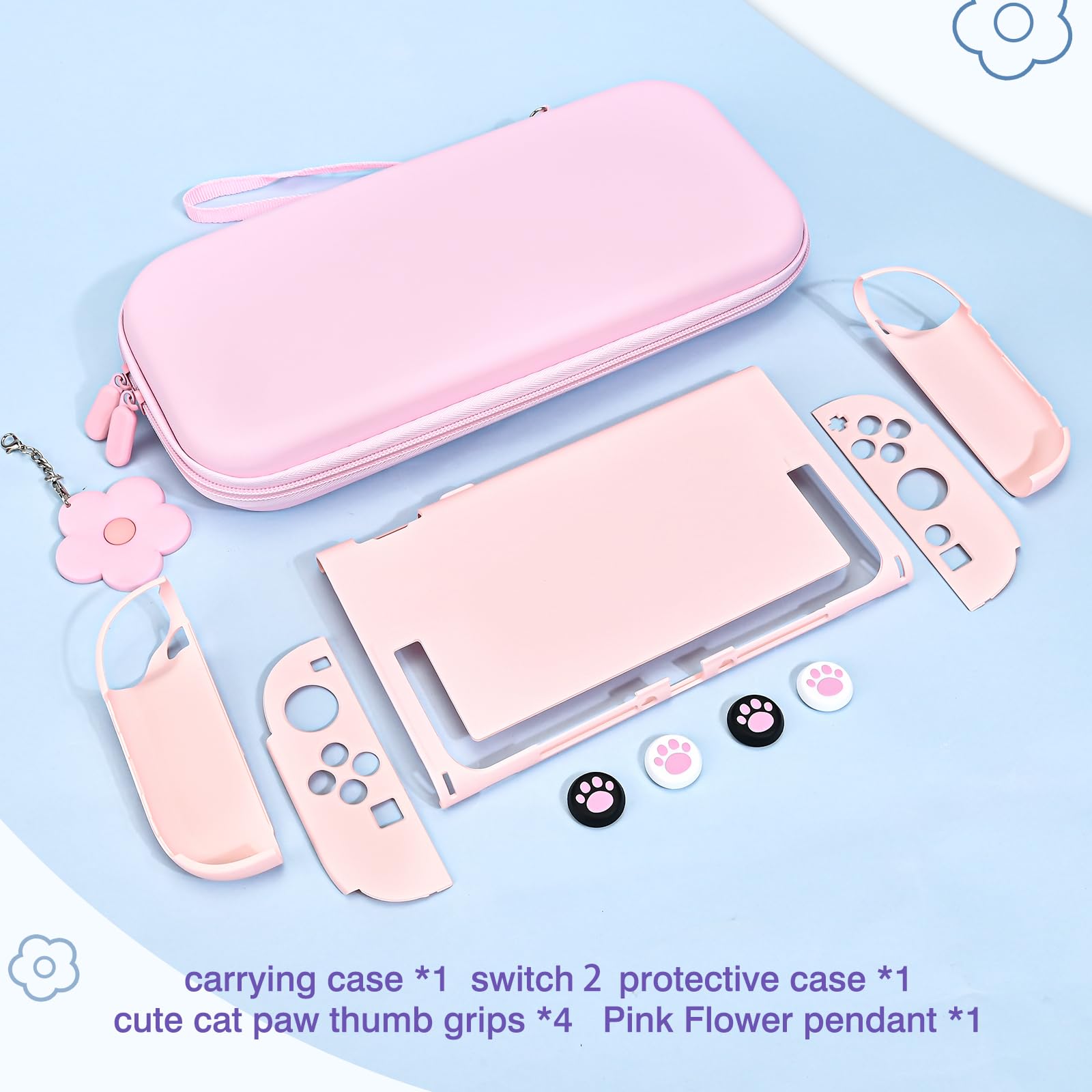 DLseego Custodia da Trasporto Solo per Switch 2, Custodia da Viaggio con Guscio Protettivo Robusto, 4PCS Grip Cover e 1PC Lovely Flower Charm,Rosa
