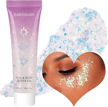 BADCOLOR White Face Body Glitter Gel, Holographic Shimmer Chunky Glitters Makeup for Hair Nails Eye Lips, Music Festival Concert Rave Accessories Party, Long Lasting Sparkling Mermaid Sequins Gel Kit