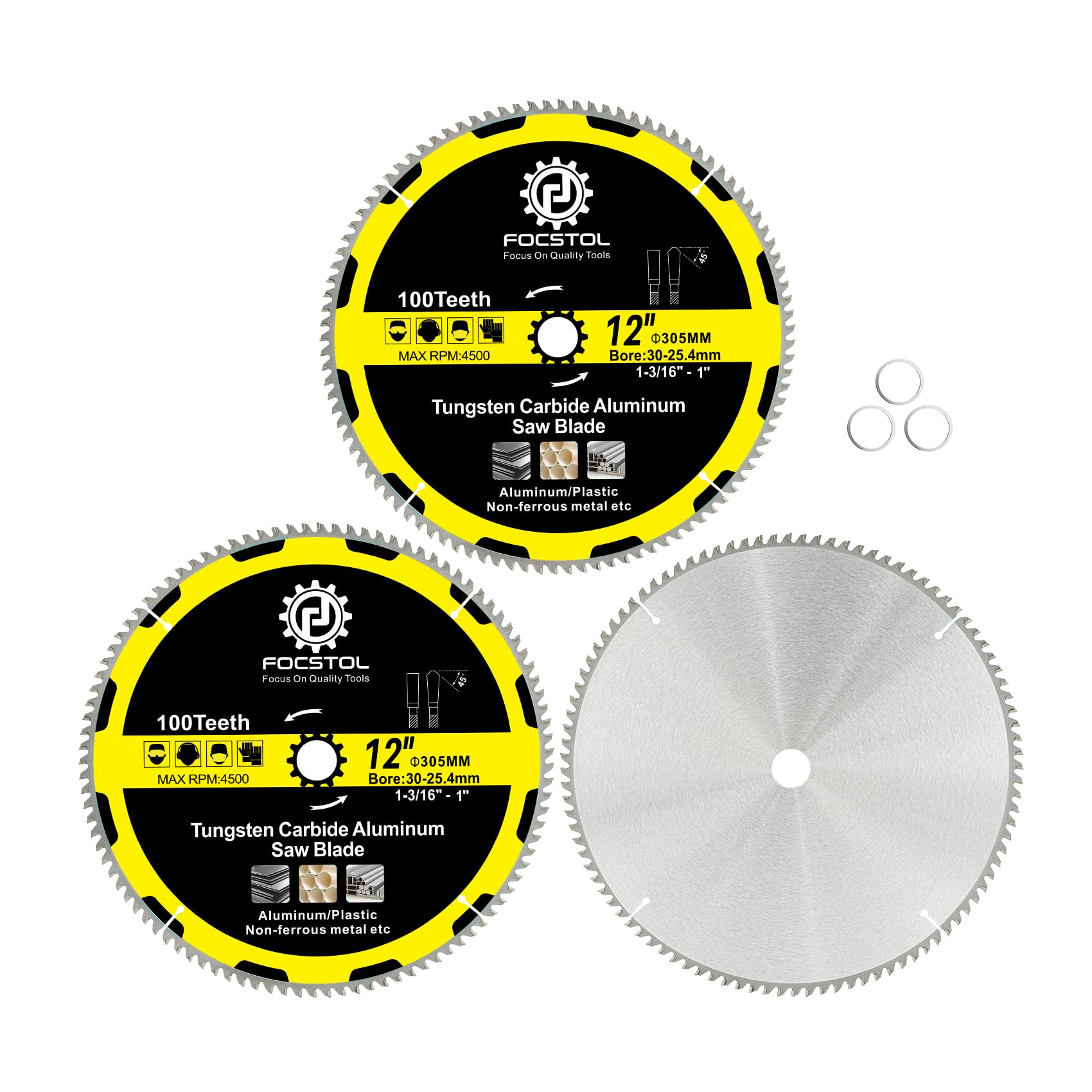 FOCSTOL 305mm Aluminum Cutting Circular Saw Blade - 3pcs 100 Teeth TCG Non-ferrous Metal Cutting Blade with 30mm Arbor for Aluminum Non-ferrous Metals Plastic