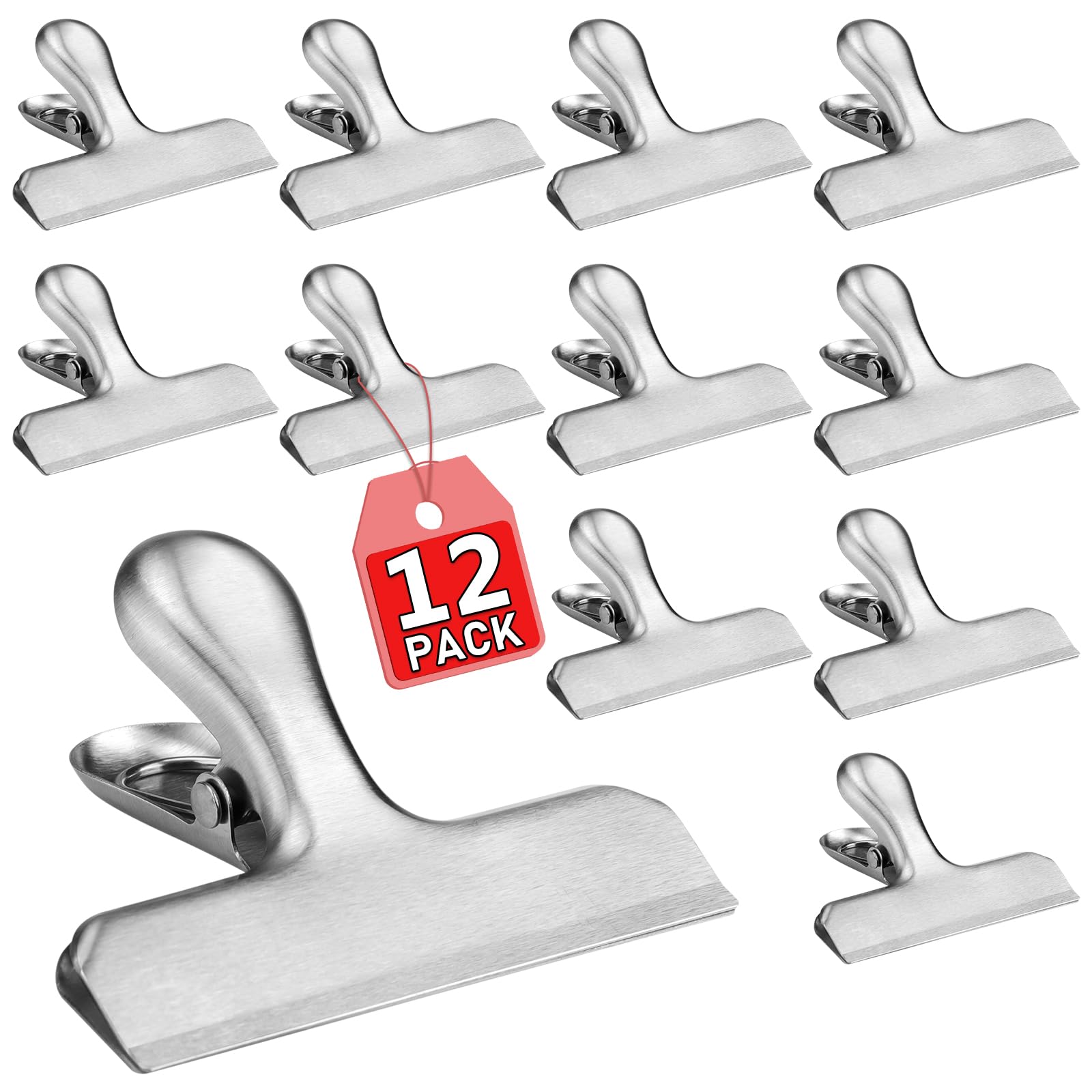 12 PCS Bag Clips for Food, 78mm/3 inch Stainless Steel Kitchen Clips for Food Storage Crisps Chip Coffee Beans Bread Photo, 430 Stainless Steel Bag Clips for Kitchen Office Home Use