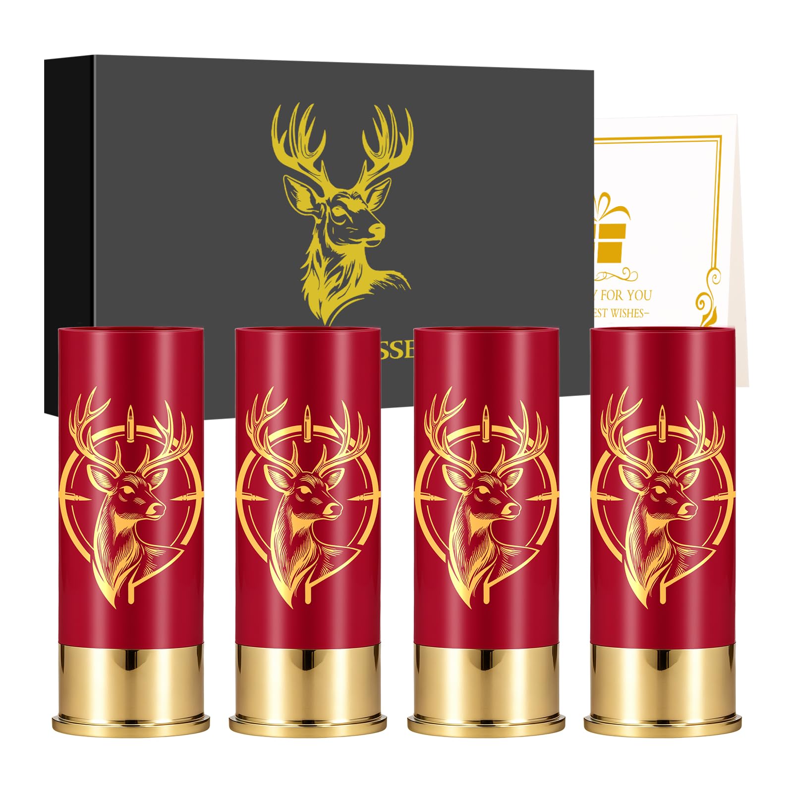 Targeting Deer Head Shot Glasses – Set of 4, Red, Hunting Gifts for Men