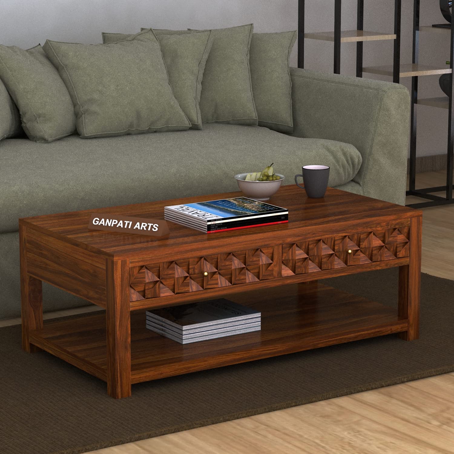 Ganpati Arts Solid Sheesham Wood Centre Coffee Table with 2 Drawer Storage for Living Room Wooden Teapoy for Home (Natural Finish) 1 Year Warranty