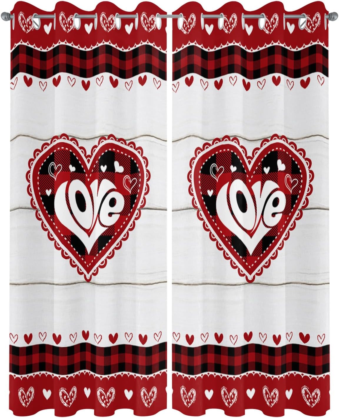 2 Panels Waterproof Outdoor Curtains 95 inches Long for Patio Valentine's Day Buffalo Plaid Love Heart Wood Grain Indoor Outdoor Privacy Curtain Light Filter Grommet Drapes for Porch Cabana Pergola