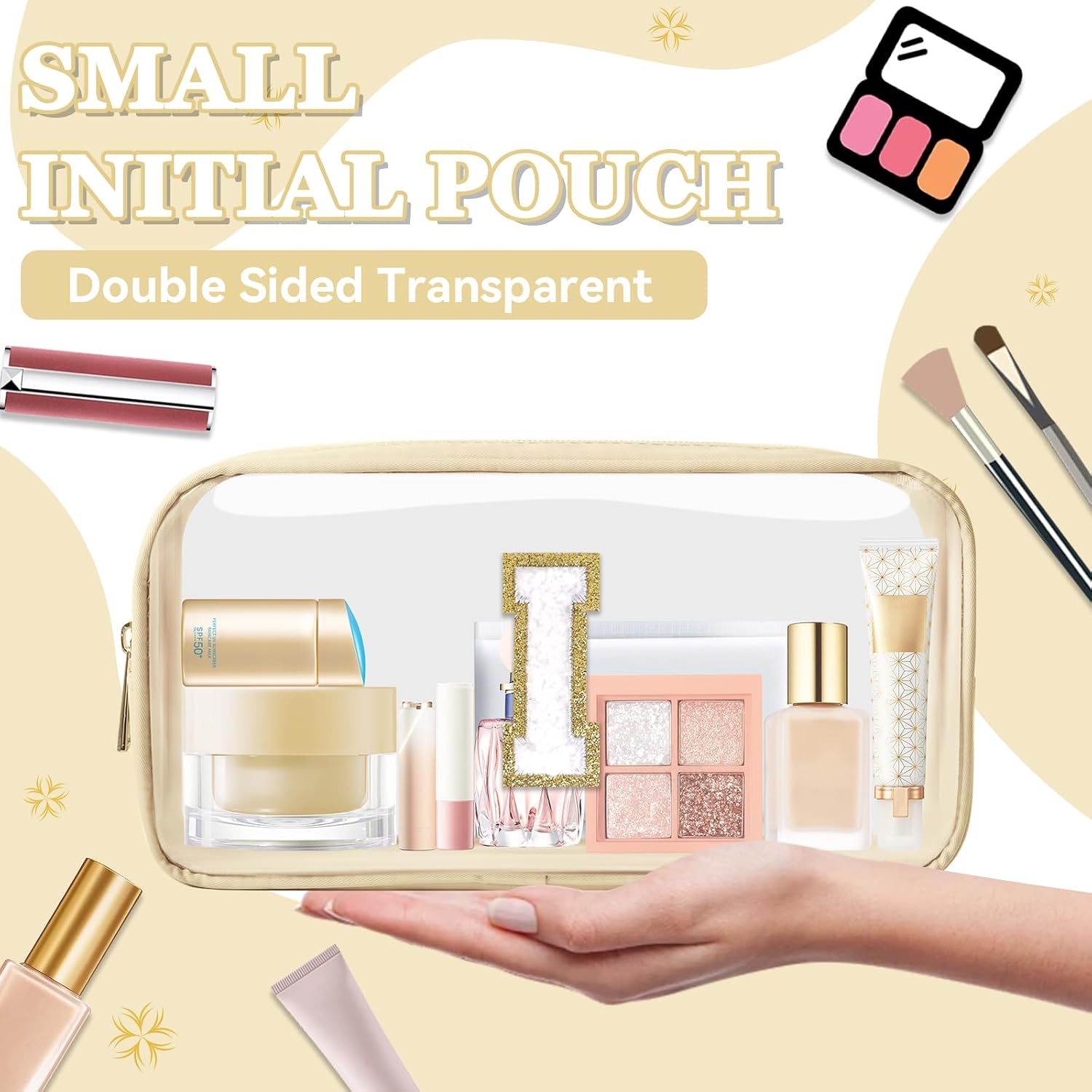 Small Clear Personalized Initial Makeup Bag,Nylon Preppy A-Z Chenille Letter Patch Cosmetic Pouch Beach Toiletry Bag,Waterproof Zipper Travel Purse Storage Bag Organizer for Women Girls(Beige-White I) image 4