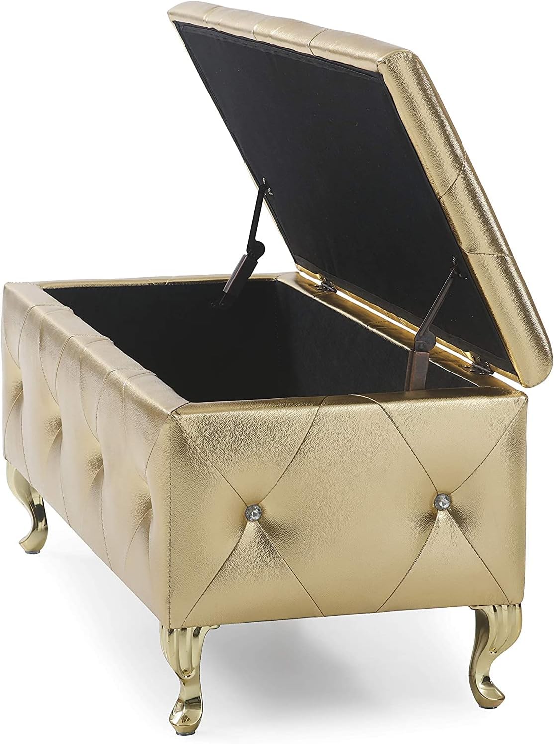AC Pacific Bench with Upholstered Tufted Leather Cushion Leg Finish, Glam Storage Ottoman for Entryway, Hallway, Living Room or Bedroom, Gold Crystal : Home & Kitchen