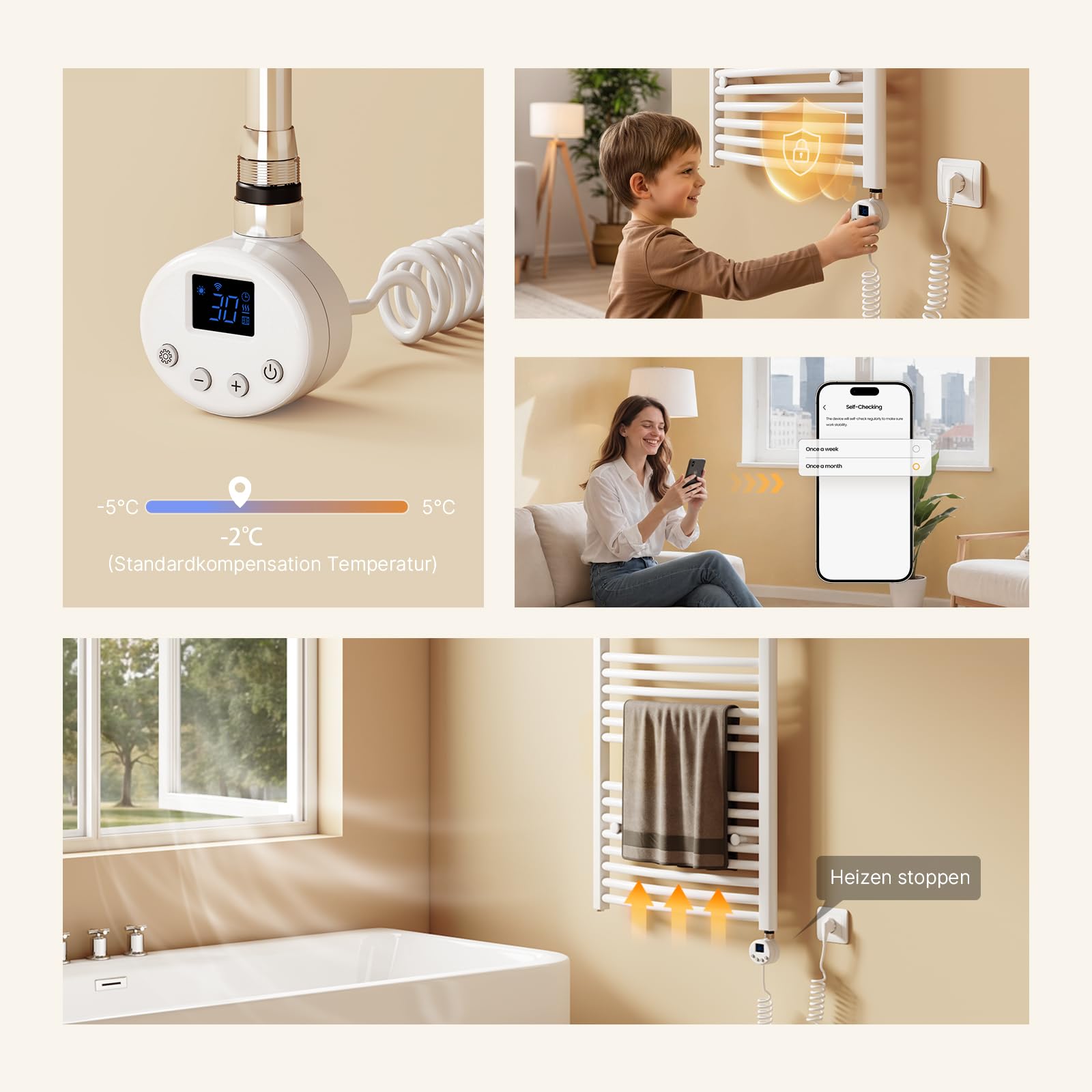 EMKE Barra riscaldante con termostato per termosifoni da bagno, 600 W, cartuccia di riscaldamento intelligente WiFi, in acciaio inox, per radiatore, scaldasalviette, scaldasalviette, elettrico, bianco