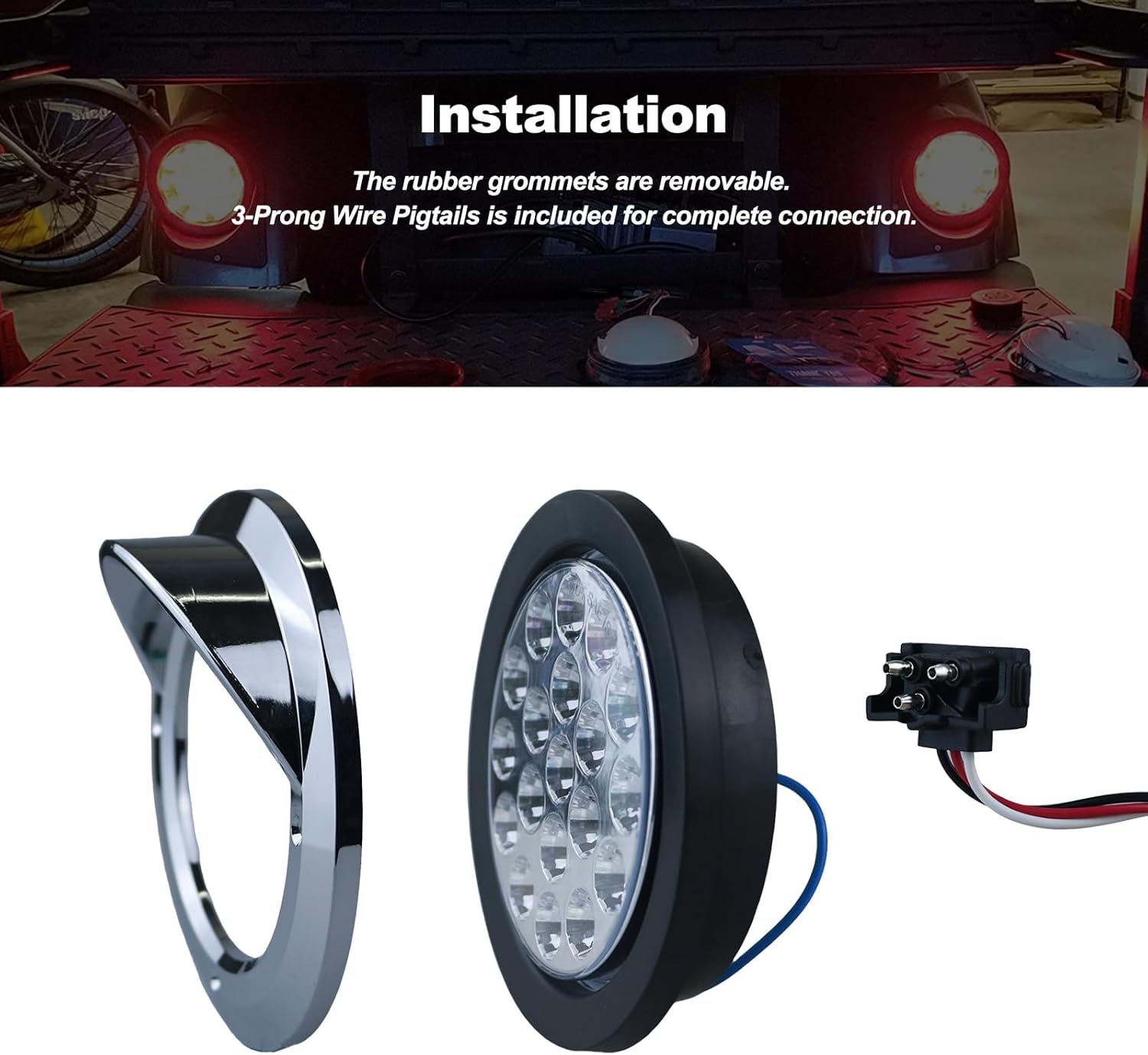 4 inch Round Dual Revolution LED Tail Lights Red Stop Turn Tail Lights and White Backup Reverse Lights Kit for Truck Trailer RV Jeep with Rubber Grommet Chrome Plated Visor IP67 Waterproof