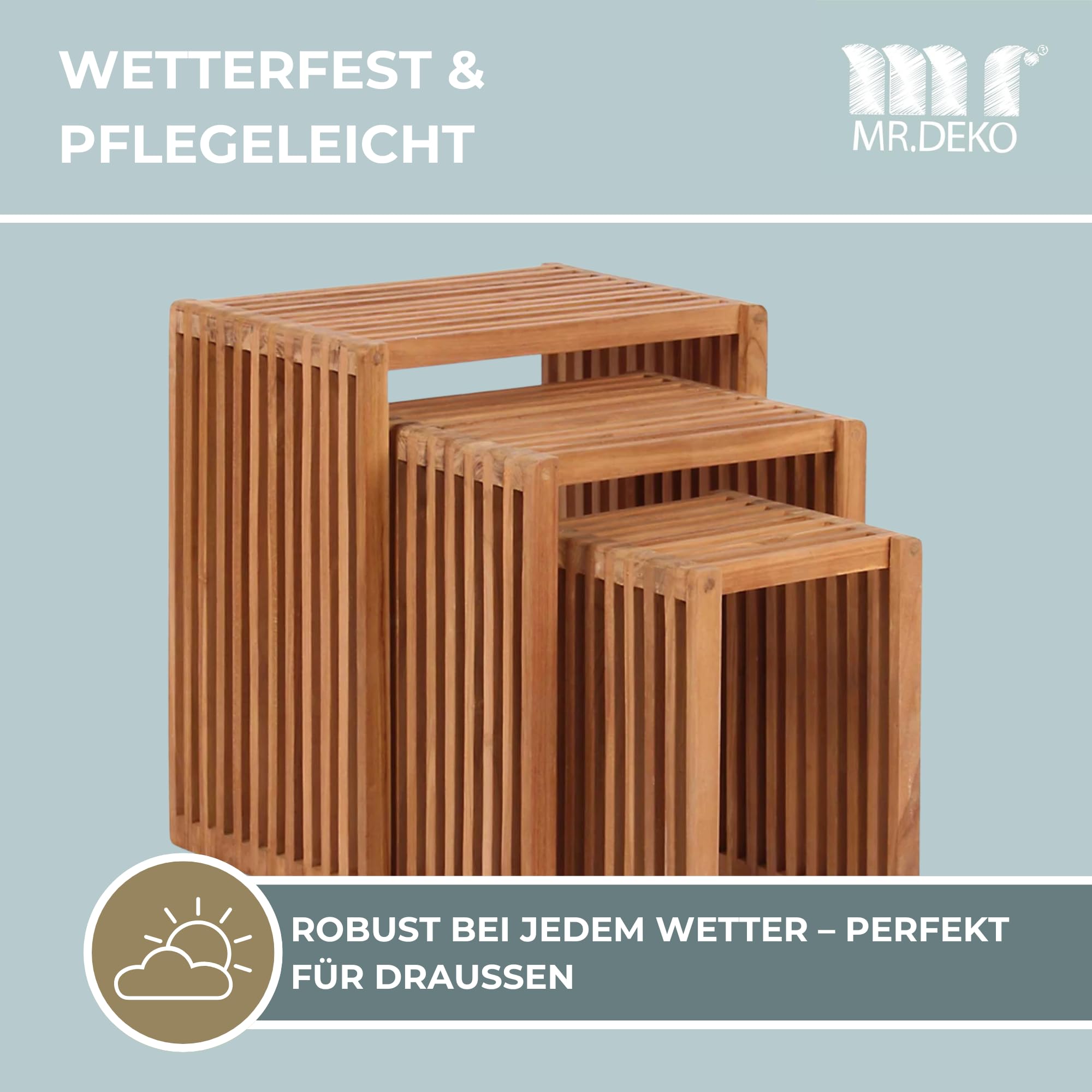 Mr. Deko teca – Mesas auxiliares (Juego de 3 – Mesa – Mesa de jardín – Rectangular – Apilable – Exterior Muebles – Madera de Teca – para balcón, terraza, jardín de invierno, Jardín