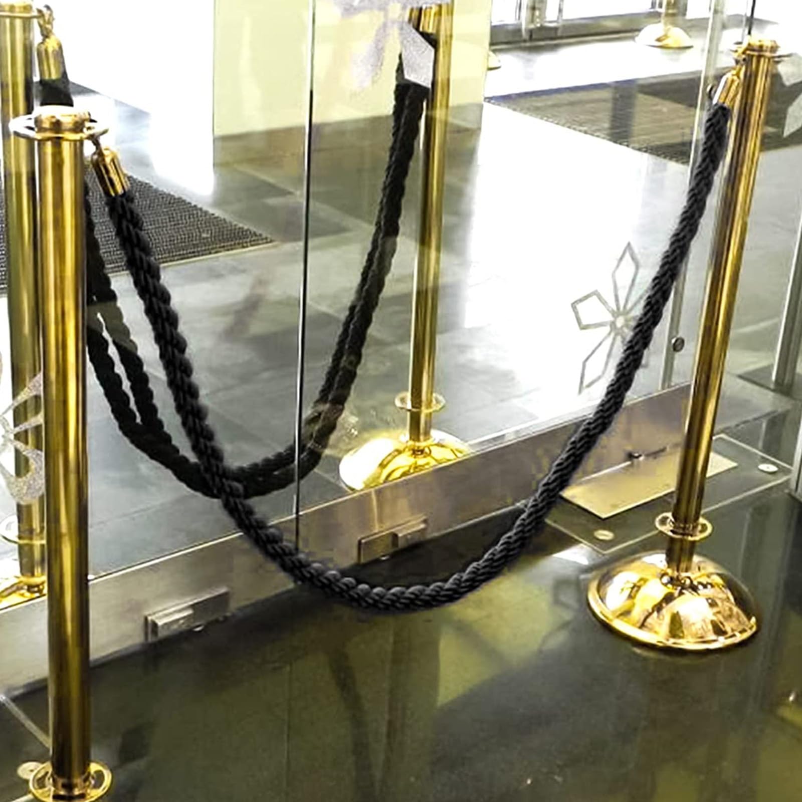 Bariery ze skrętnej liny słupkowej Czarna pleciona lina konopna z polerowanymi metalowymi haczykami do kontroli tłumu, przegroda kolejki,(Silver Hook,8ft/245cm)