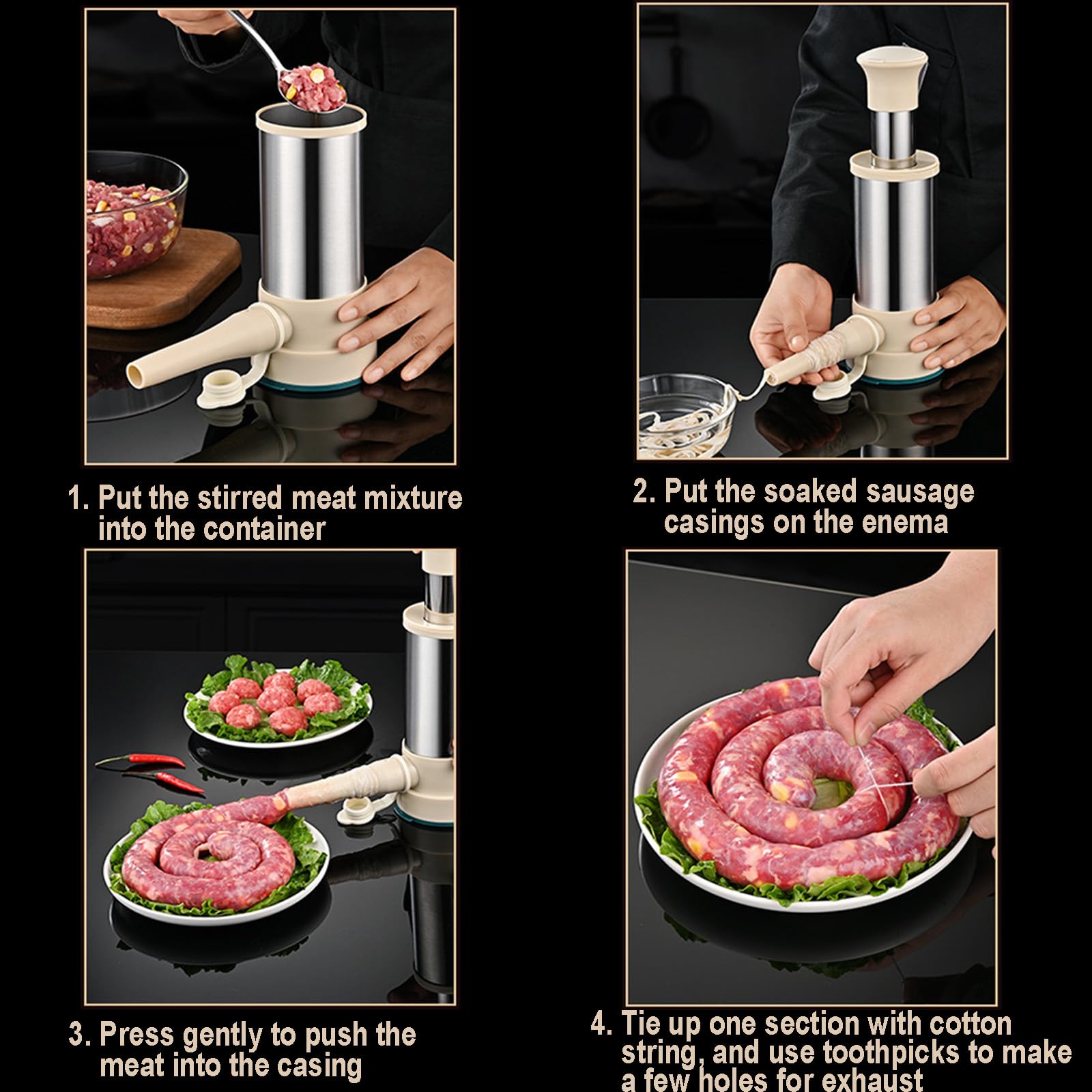 Embutidora De Chorizos 2 En 1, Embutidora De Salchichas De Acero Inoxidable, Máquina Manual Para Salchichas, Con 4 Tubo De Relleno De Salchichas, Rellenador De Cocina Para Salchichas Caseras