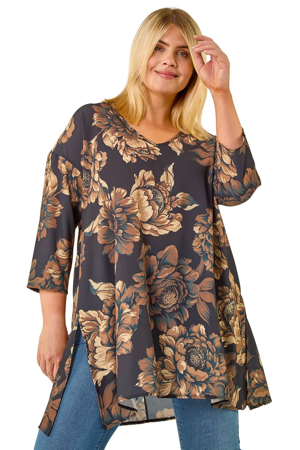 Roman Women's Brown Curve Floral Print Tunic Top In | Size: 20