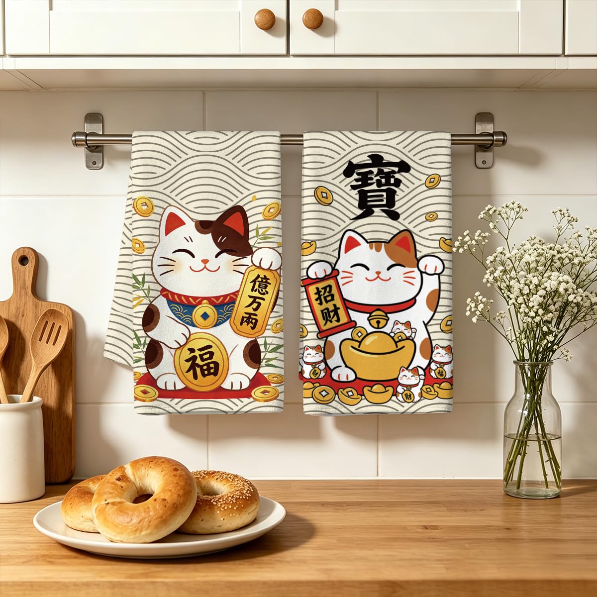 MAYJOYDIY 4 Stück Glückskatze Küchenhandtücher Japanische Glückskatze Mikrofaser Geschirrtuch 66x45 cm Tier Fisch Saugfähiges Spültuch für Küche Badezimmer Bar Sport Einweihungsparty Kochen
