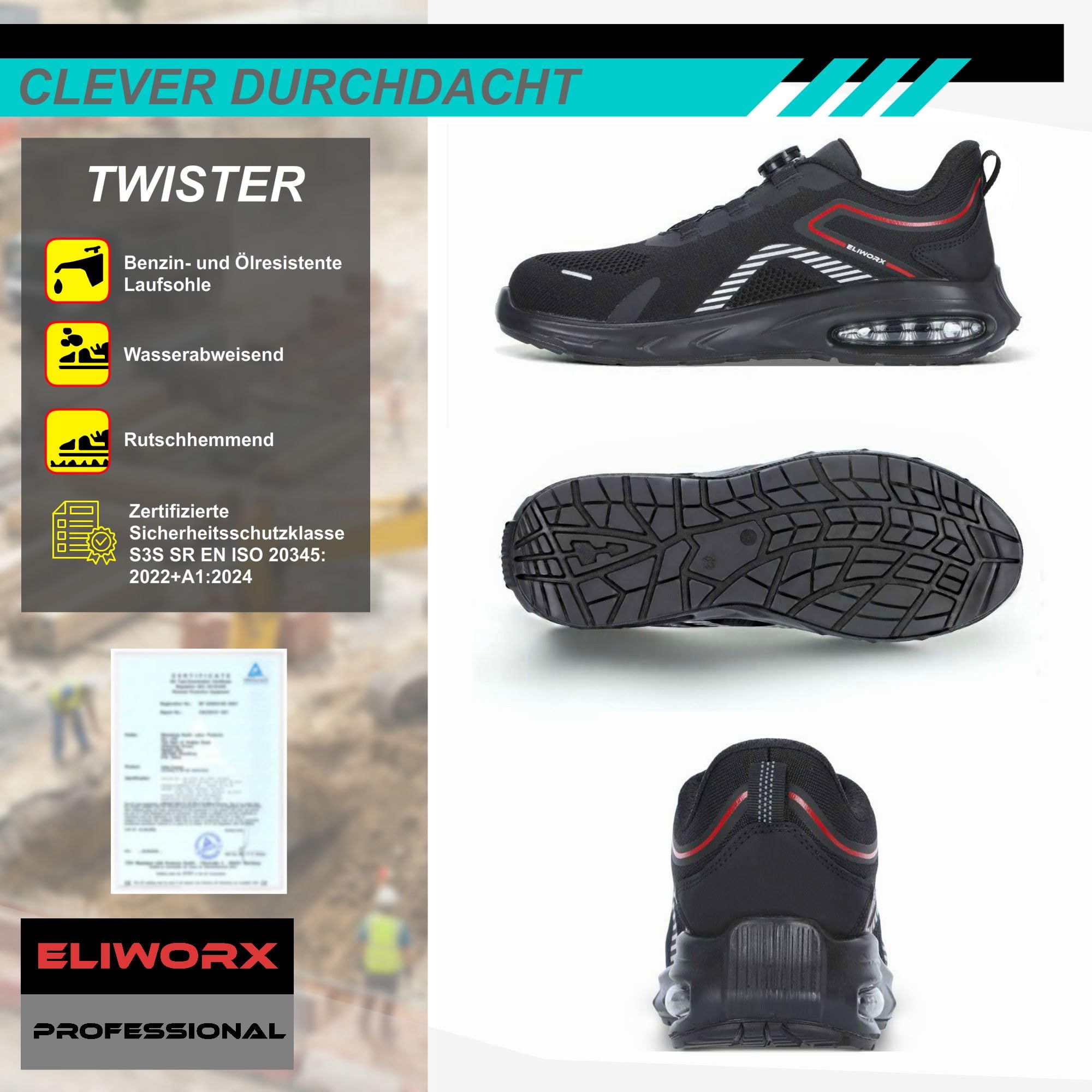 Zapatos de seguridad para hombre S3S SR según la norma EN ISO 20345:2022+A1:2024 con cierre rápido – Twister – Con puntera de acero, plantilla extraíble, antideslizante