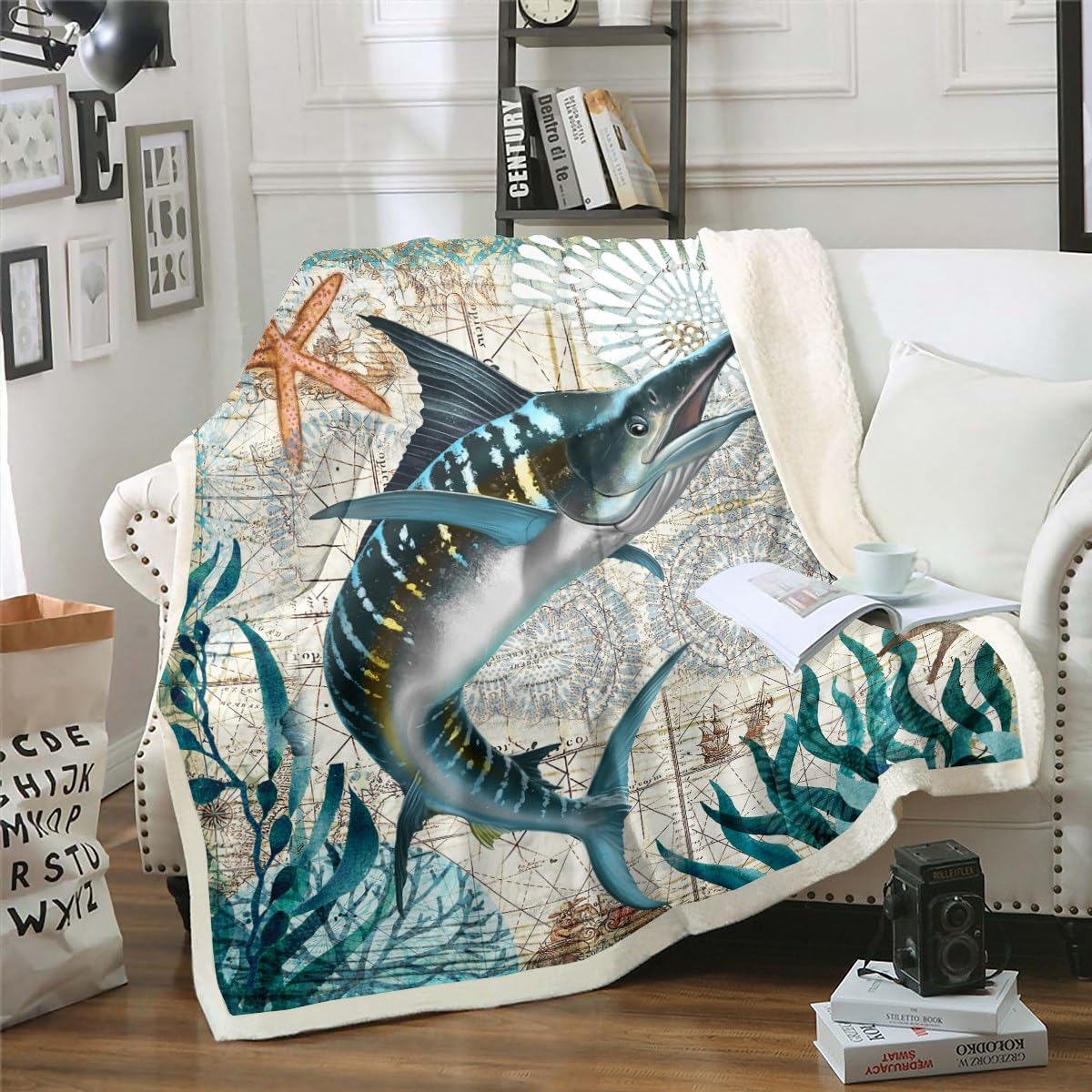 Erosebridal Teal Fleece Blanket 60"x80" Ocean Decor,Marlin Swordfish Throw Blanket Nautical Sea Animal Blanket Underwater World Marine Life Flannel