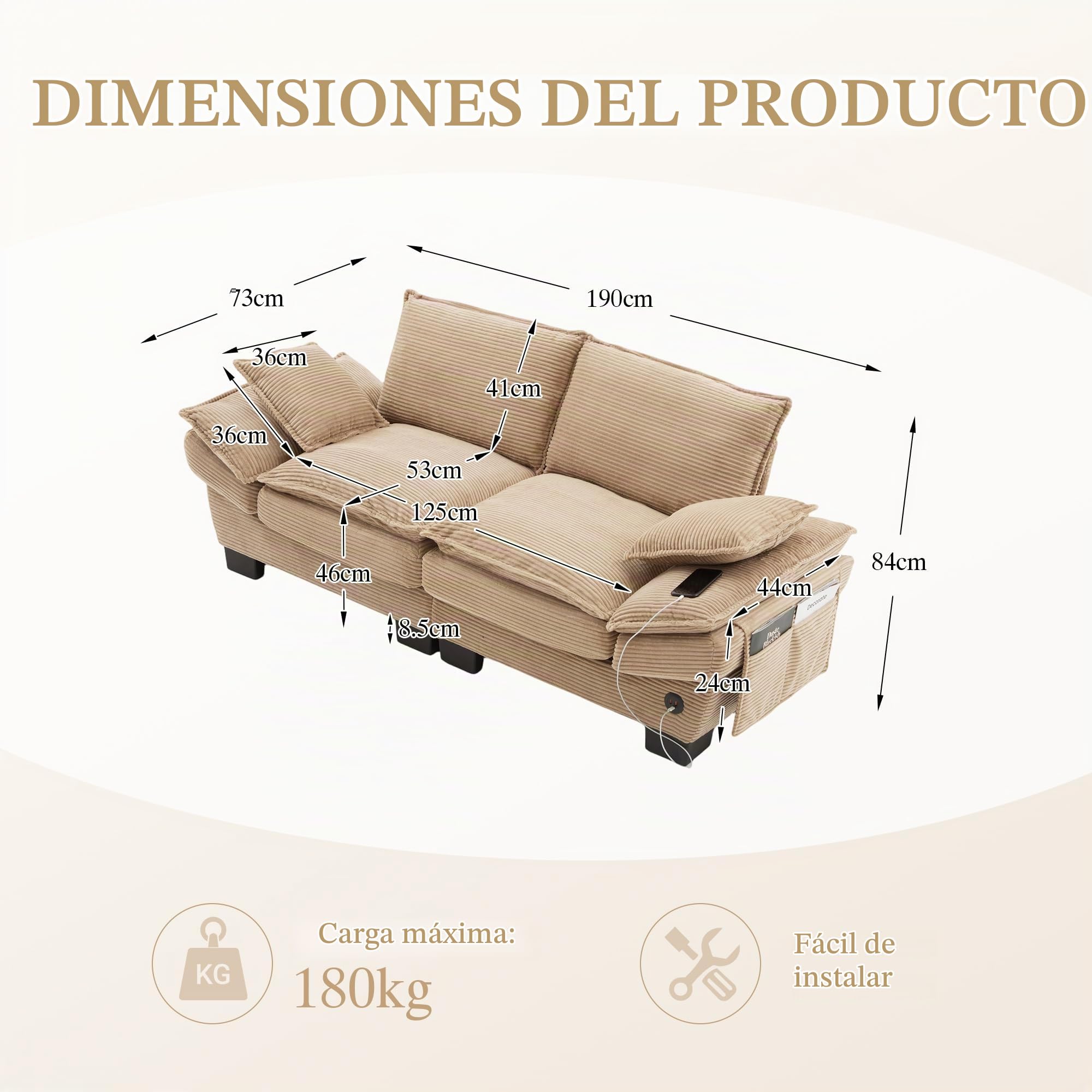 Sofá Cama con Respaldo y Almohada para Salón, Sofá Doble con Cómodos Cojines y Reposabrazos, Sofás con Bolsillos Laterales para Dormitorio Apartamento, Sofás Modular, Pana (Caqui)