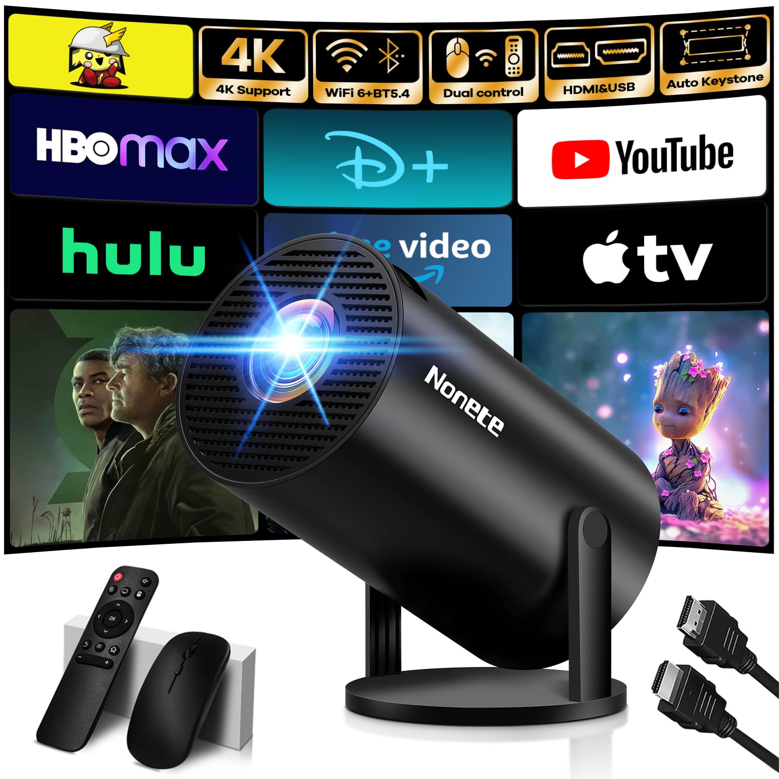 View 1 of [2027 Upgraded] Mini Projector Support 4K 1080P FHD Auto Keystone 270° Rotatable with WiFi 6 and Bluetooth 5.2 Projector Portable Compatibile with HDMI/TV Stick/Memory Stick/Laptop,Black