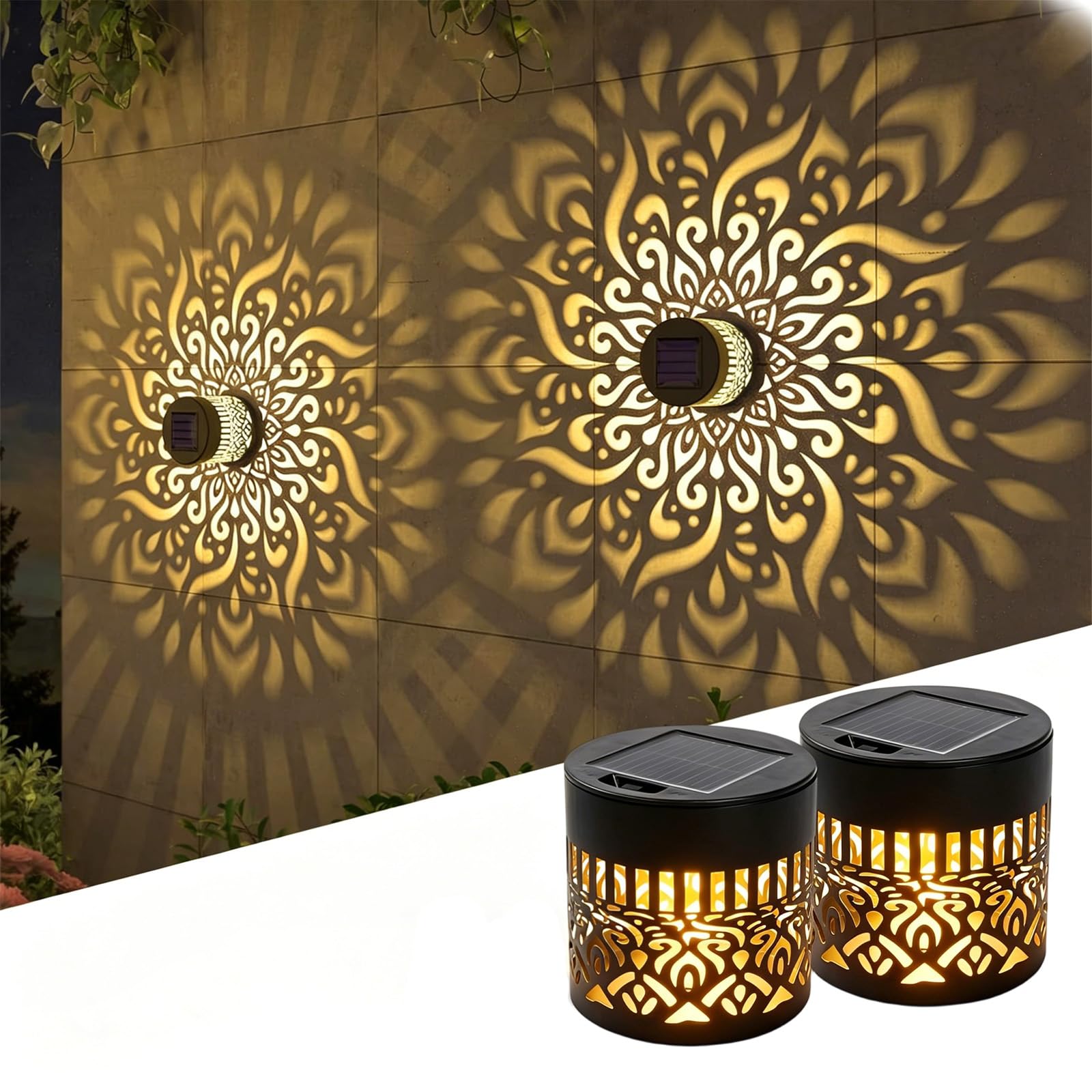 ELMVAR Solar Mandala Wall Light, 2026 New Solar Mandala Lights Outdoor, Waterproof Fence Light, Shadow Projection Landscape Lighting for Garden Post Patio Backyard Yard Decor (Peony*2)