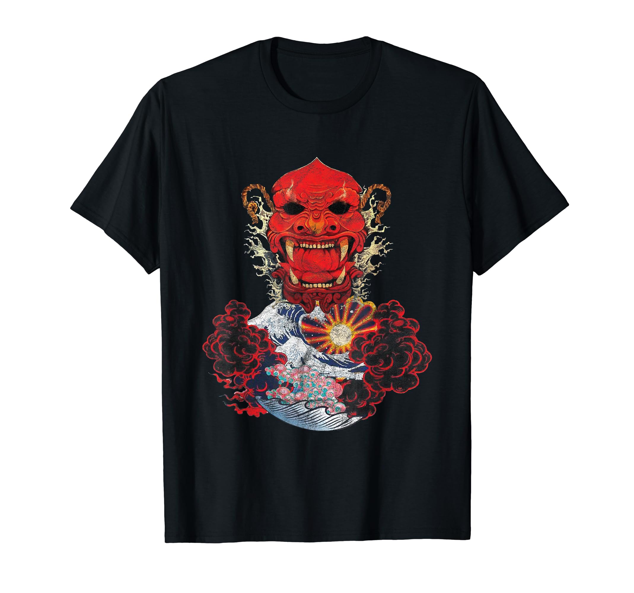 Japanese Red Samurai Oni Mask Ogre Kanagawa Wave Demon T-Shirt, Black