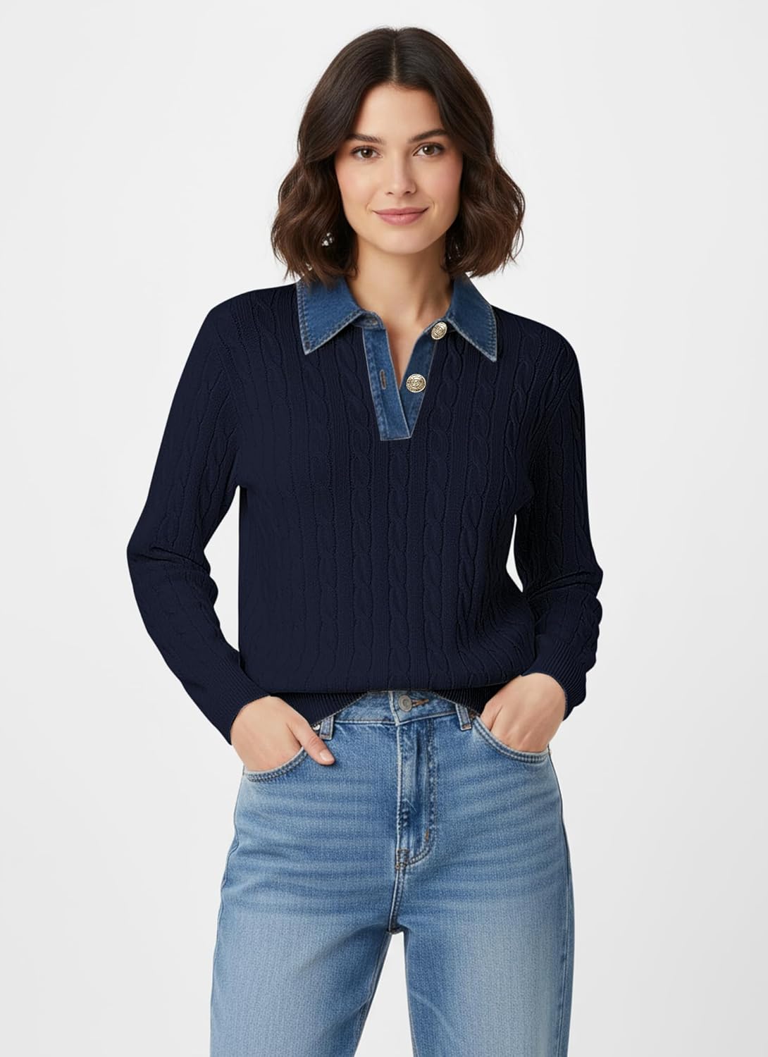 SAUKOLE Sweaters for Women Denim Lapel V Neck Buttons Closure Casual Long Sleeve Cable Knit Loose Pullover Sweater - Image 3