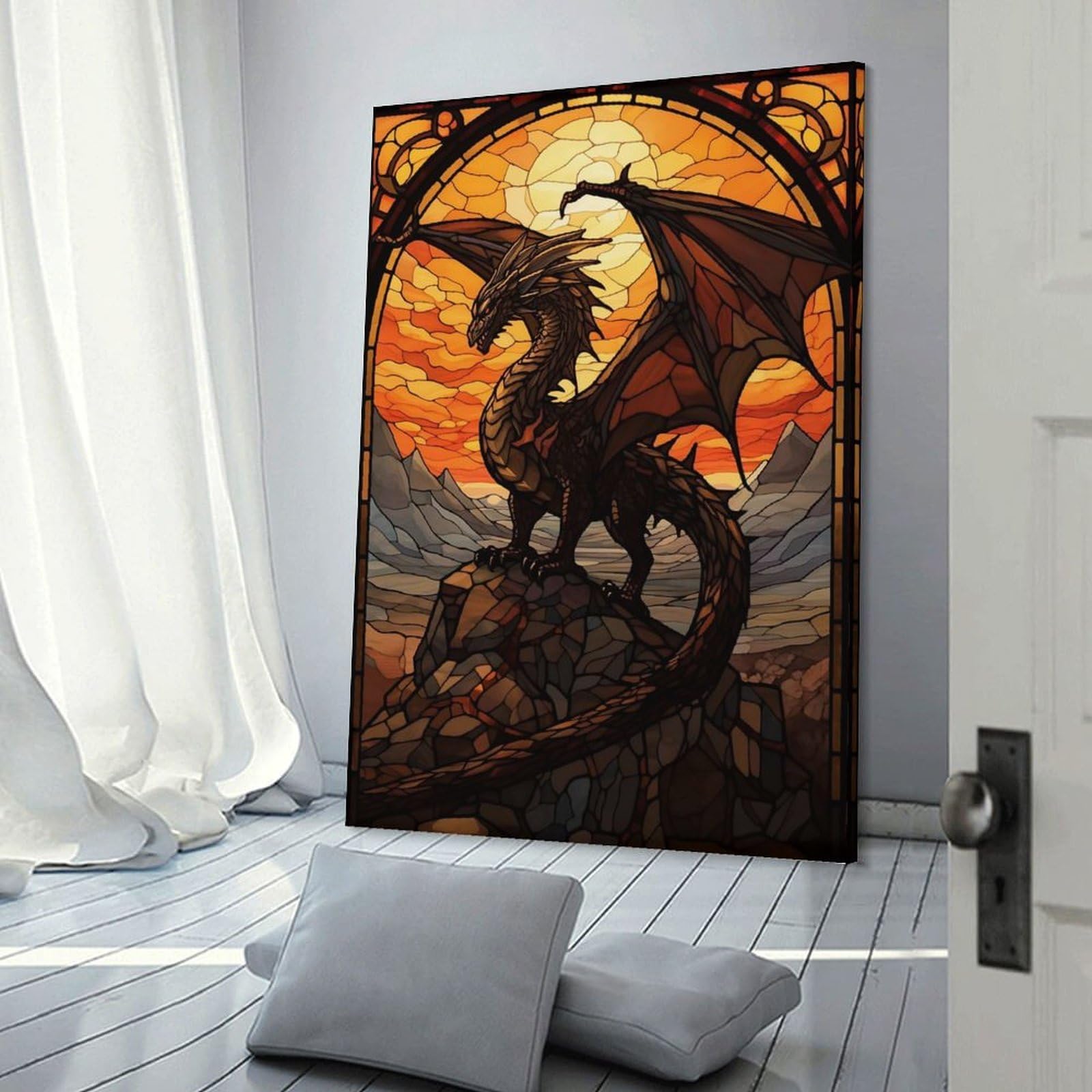 Junmoney Frame-Style-20-1 Dragon Stained Glass Wall Picture Print 20X30inch(50X75cm), For Lounge Decor, Offices Or Entryway Styling, A Flexible Wall Accent For Shared Spaces