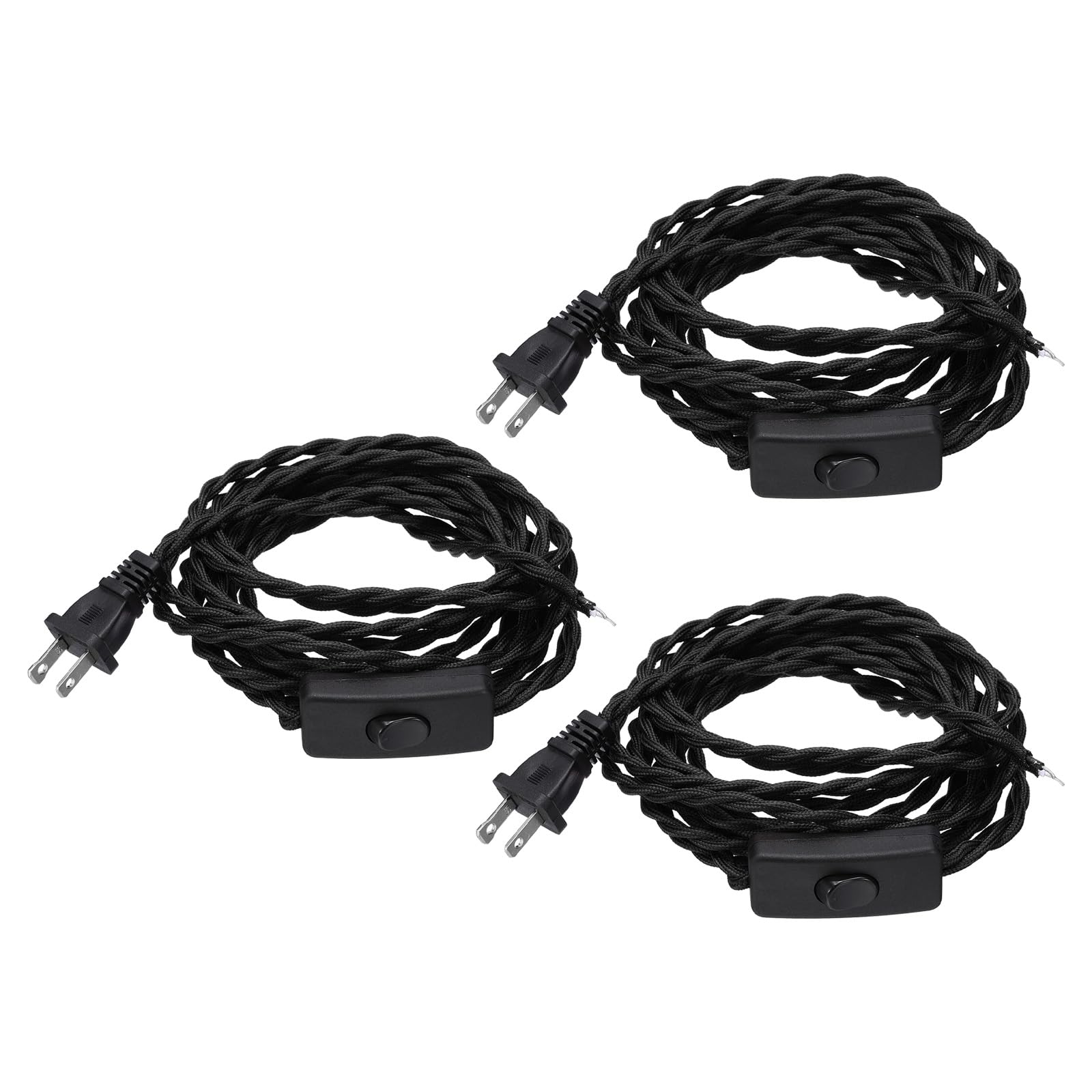 uxcell 15Ft 18/2 Cloth Covered Lamp Cord with Plug, 3 Pcs Vintage Electrical Lamp Cord with Stripped Ends for Extension Wiring DIY Repairing, Black