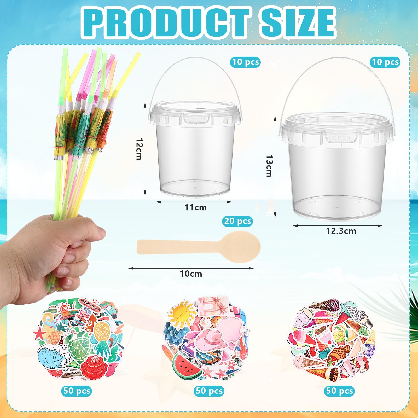 Paquete de 20 cubos de helado con tapas asas y cuchara, cubo de plástico reutilizable para bebidas, cubetas de ron de cóctel transparentes para fiestas (8.5 fl oz/1 litro) con calcomanías de verano 2