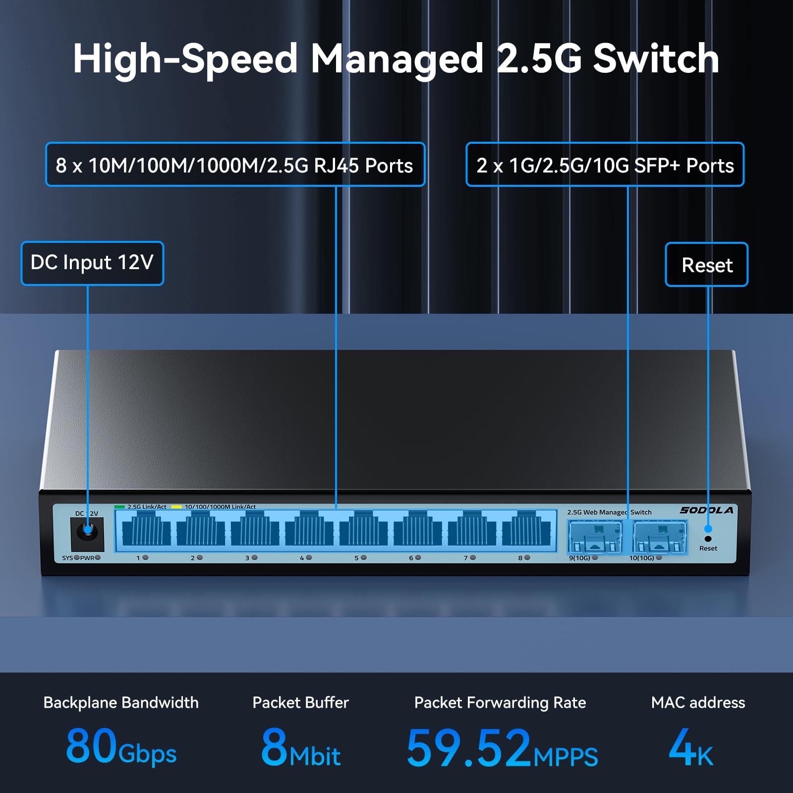 SODOLA 10 Port 2.5Gb Web Managed Switch, 8 x 2,5Gbit Base-T-Ports, 2 x 10G SFP+, Lüfterloser Multi-Gigabit Ethernet-Switch für Wireless AP, NAS, PC