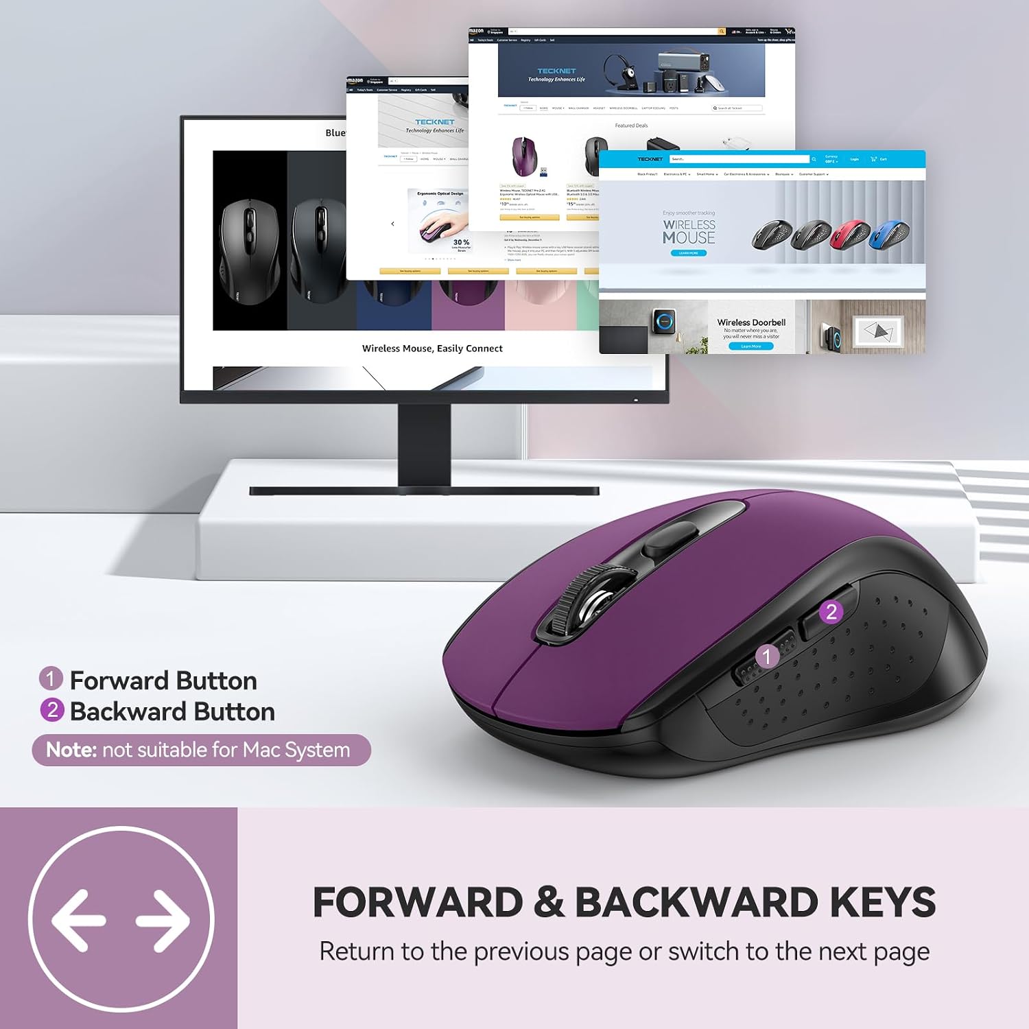 TECKNET Bluetooth Mouse, 4000DPI Wireless Mice for Laptop 2-in-1(BT 5.0/3.0+2.4Ghz) Computer Portable PC Mouse Wireless with USB Receiver for Mac (USB-A+Bluetooth, Purple) - 7