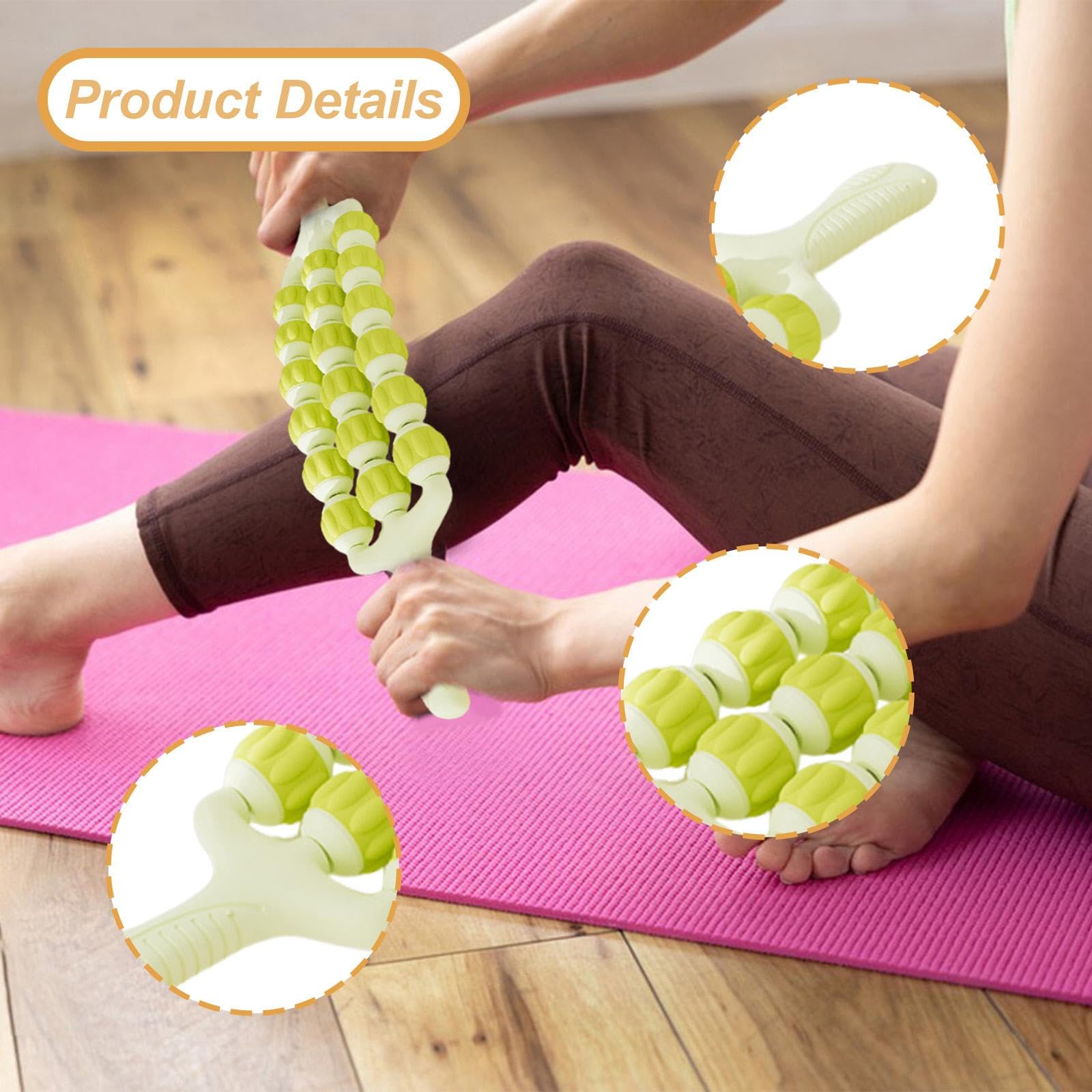 F Fityle Rodillo de masaje manual con agarre cómodo y flexible para masaje de pantorrillas y tejido profundo en muslos, celulitis, espalda, abdomen y cintura, Verde, 3 Filas