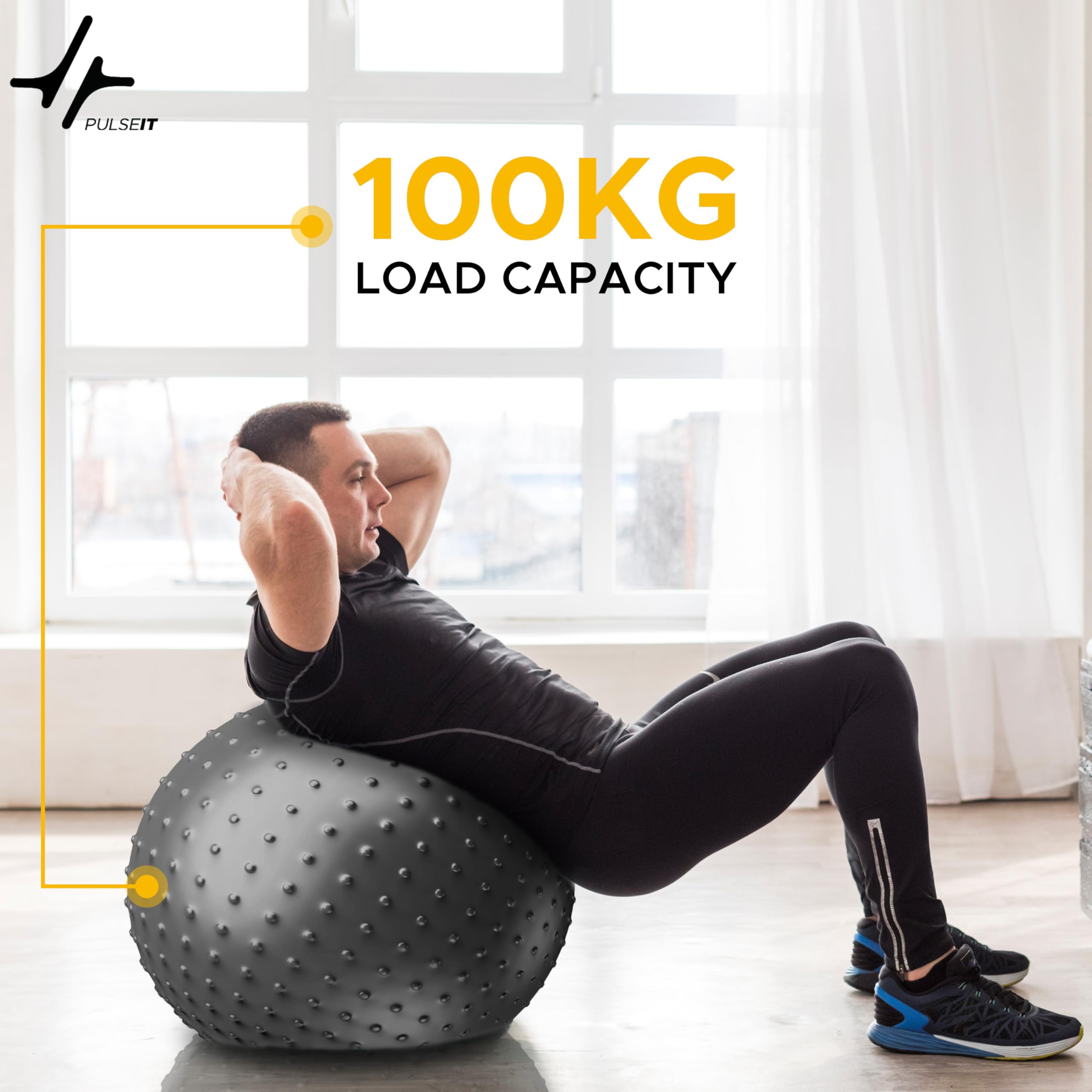 PULSEIT FlexSphere Anti-Burst Spiky Gym Ball with Foot Pump Exercise Stability Ball for Yoga, Pilates, Balance Training, Core Strength, Home & Office Fitness for Men & Women (65cm-Black) 4