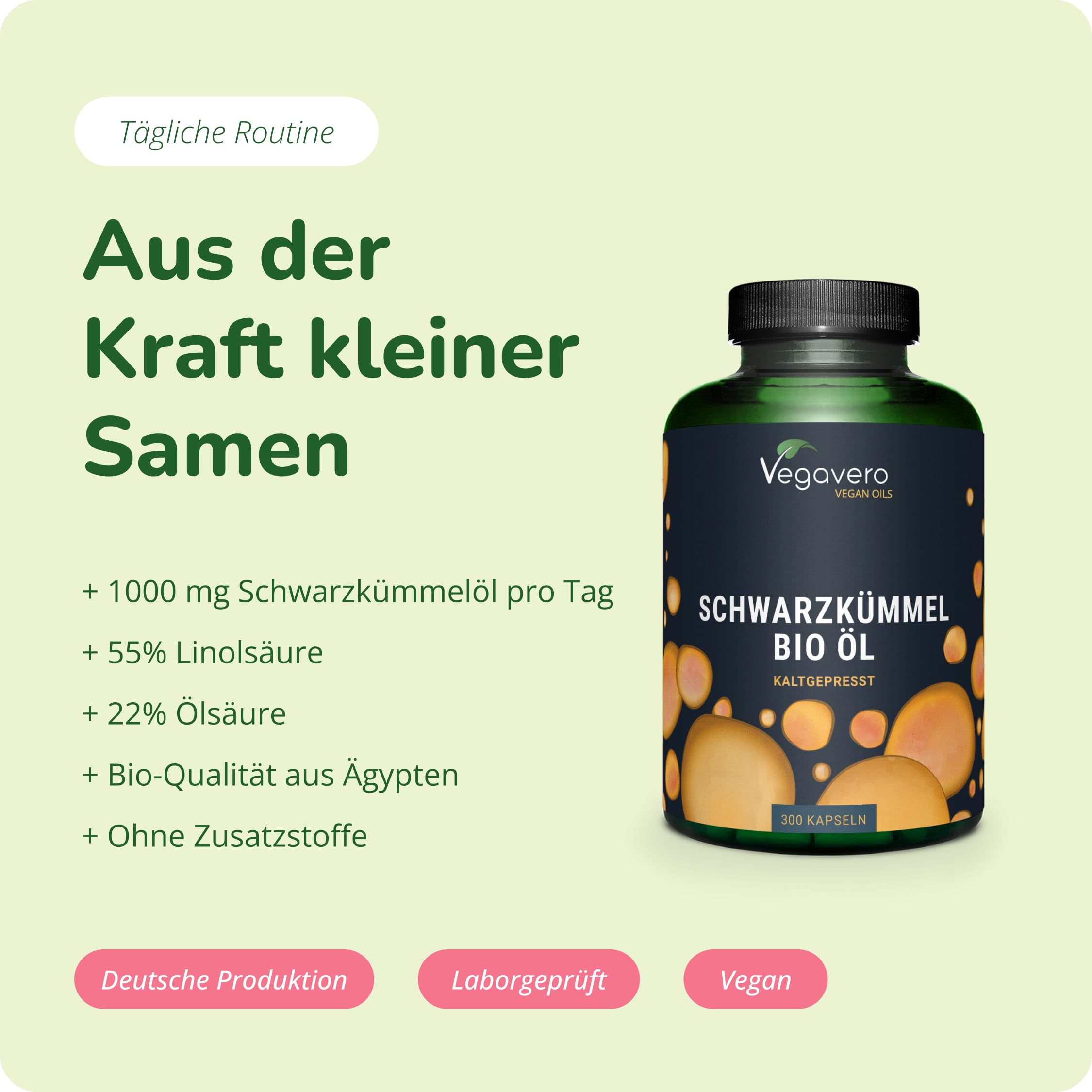 Vegavero Bio Schwarzkümmelöl Kapseln hochdosiert 300 Stück - 1000 mg kaltgepresstes Nigella sativa Öl mit 55% Linolsäure, 22% Ölsäure & 1,5% Thymoquinon – vegan, ohne Zusatzstoffe & Laborgeprüft