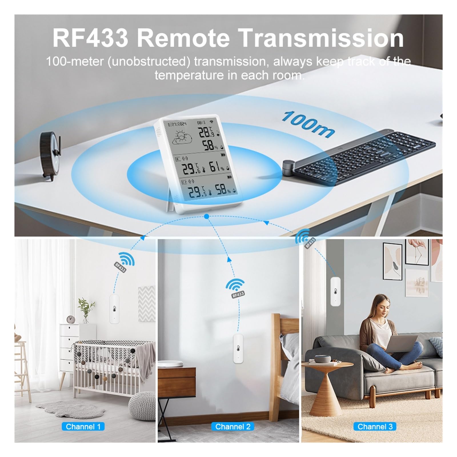 Stacja pogodowa, Inteligentna bezprzewodowa stacja pogodowa ze zdalnymi czujnikami RF433 i cyfrowym miernikiem wilgotności(With 4 Sensors)